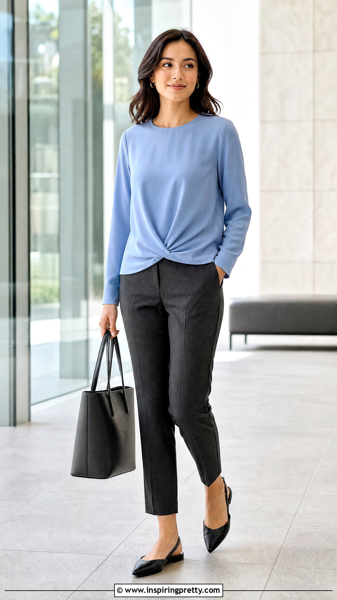 Twist Hem Blouse With Tailored Ankle Pants - 20 Twist Hem Top outfit ideas