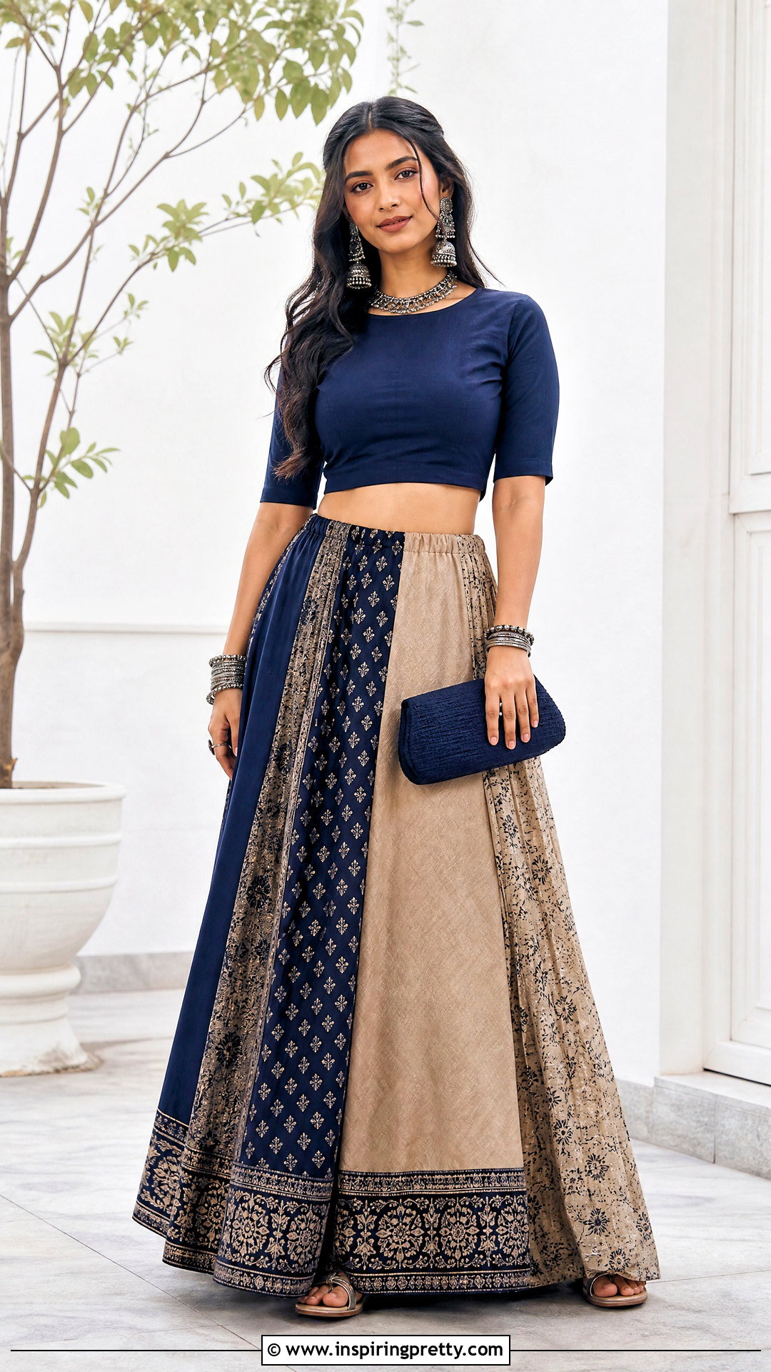 Two Saree Patchwork Skirt And Solid Crop Top - 25 skirt and crop top from old saree ideas