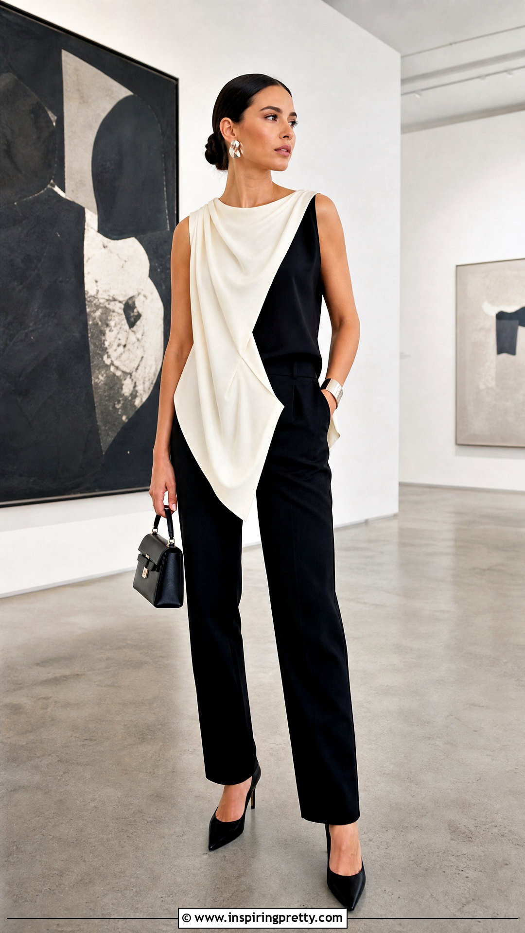 Two Tone Draped Top With Slim Pants - 50 fancy tops for women styles