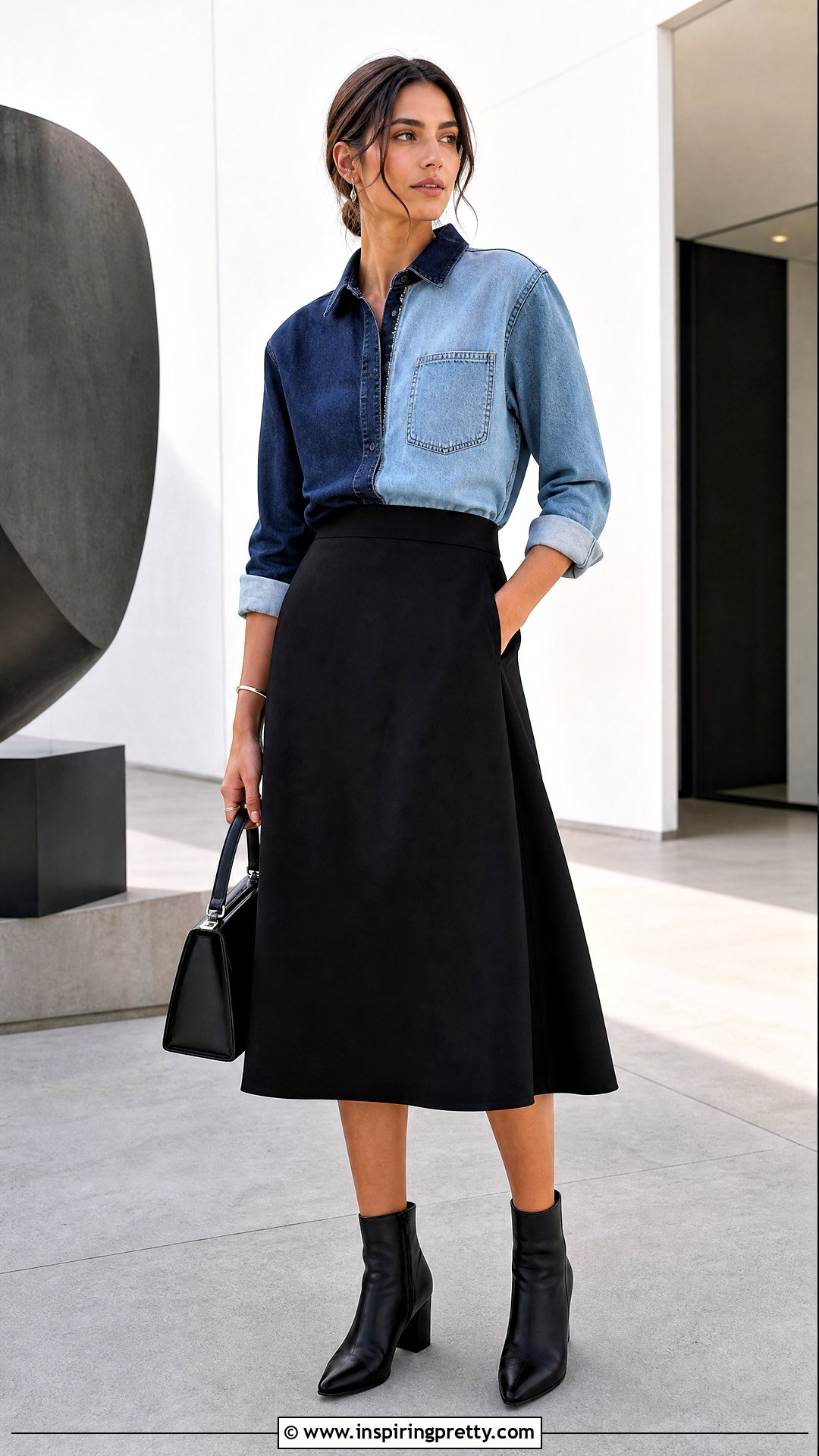 Two Tone Jean Top With Black Skirt - 50 jean tops for women
