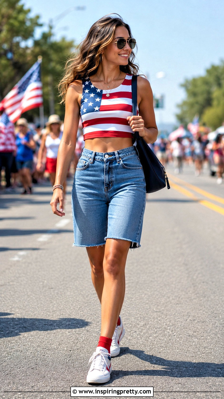 USA Flag Crop Top With Bermuda Shorts - 20 usa flag crop top outfit ideas
