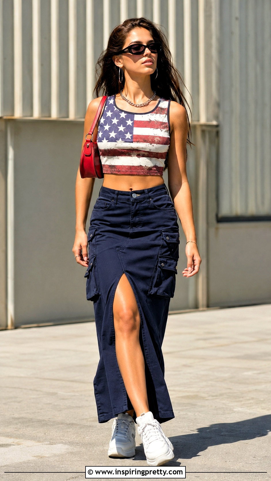 USA Flag Crop Top With Cargo Maxi Skirt - 20 usa flag crop top outfit ideas
