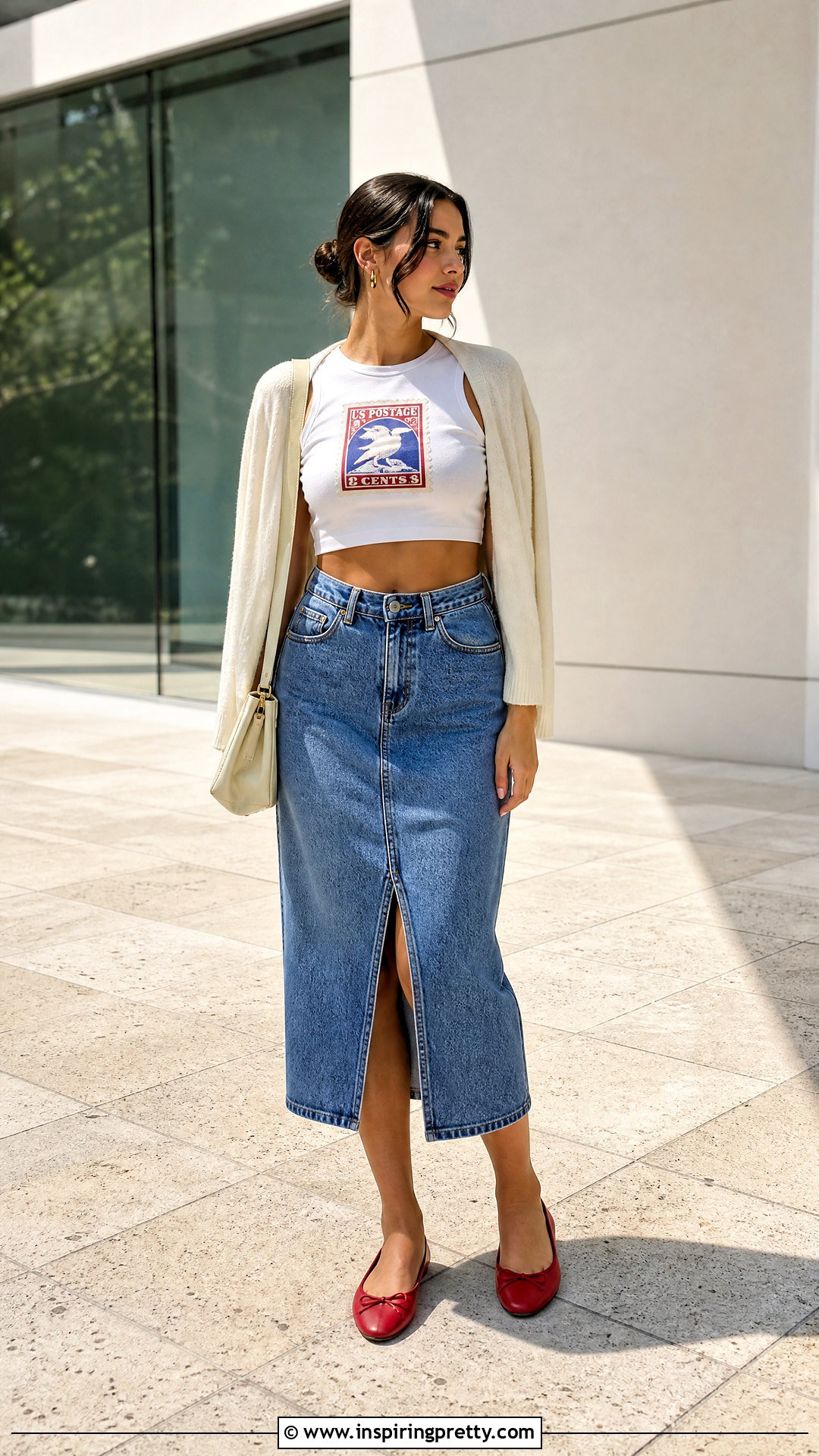 USPS Stamp Crop Top With Denim Midi Skirt - 20 Usps Crop Tops
