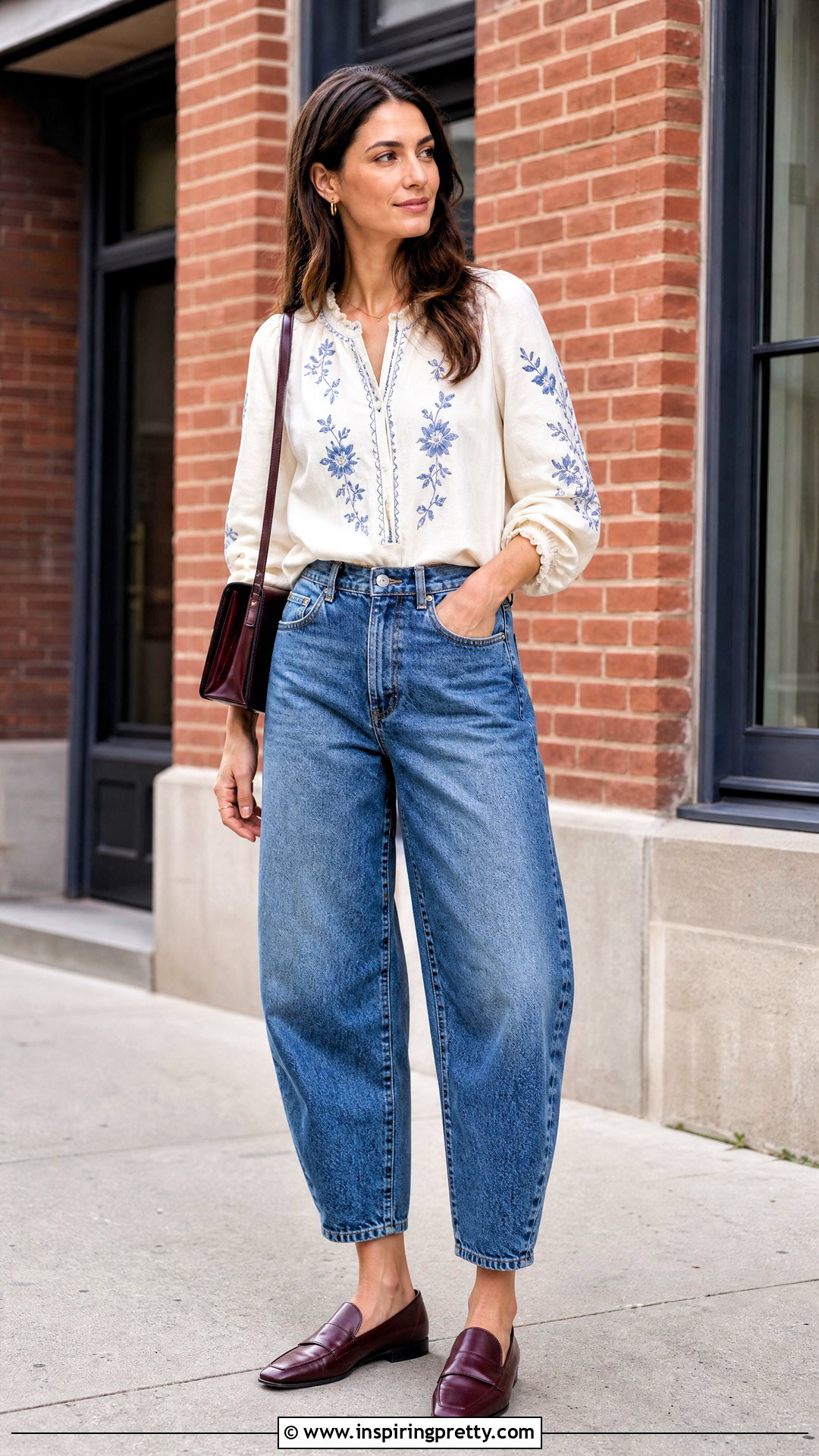 Urban Romantic Embroidered Top With Barrel Jeans - 20 Urban Romantics Tops outfit ideas