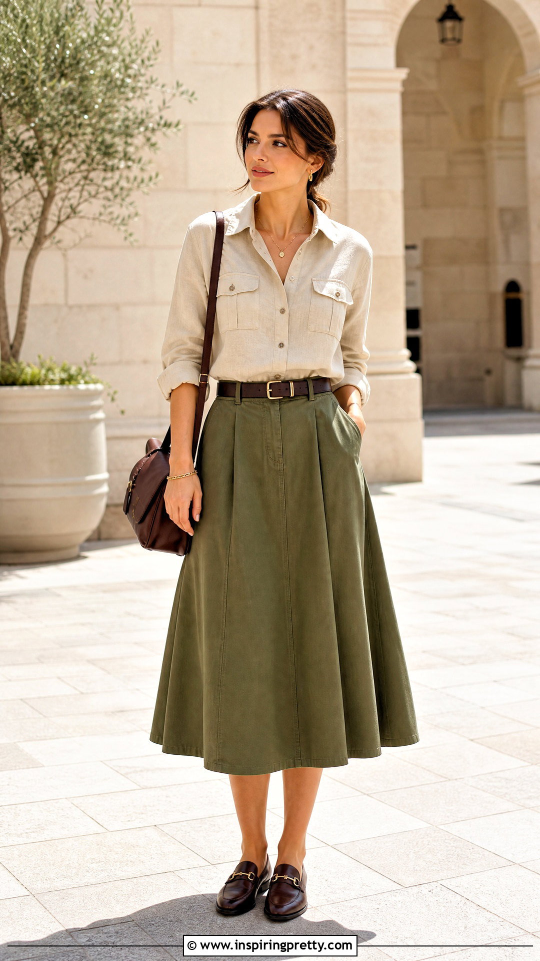 Utility Shirt And Khaki Midi Skirt Outfit - 50 skirt and top outfits