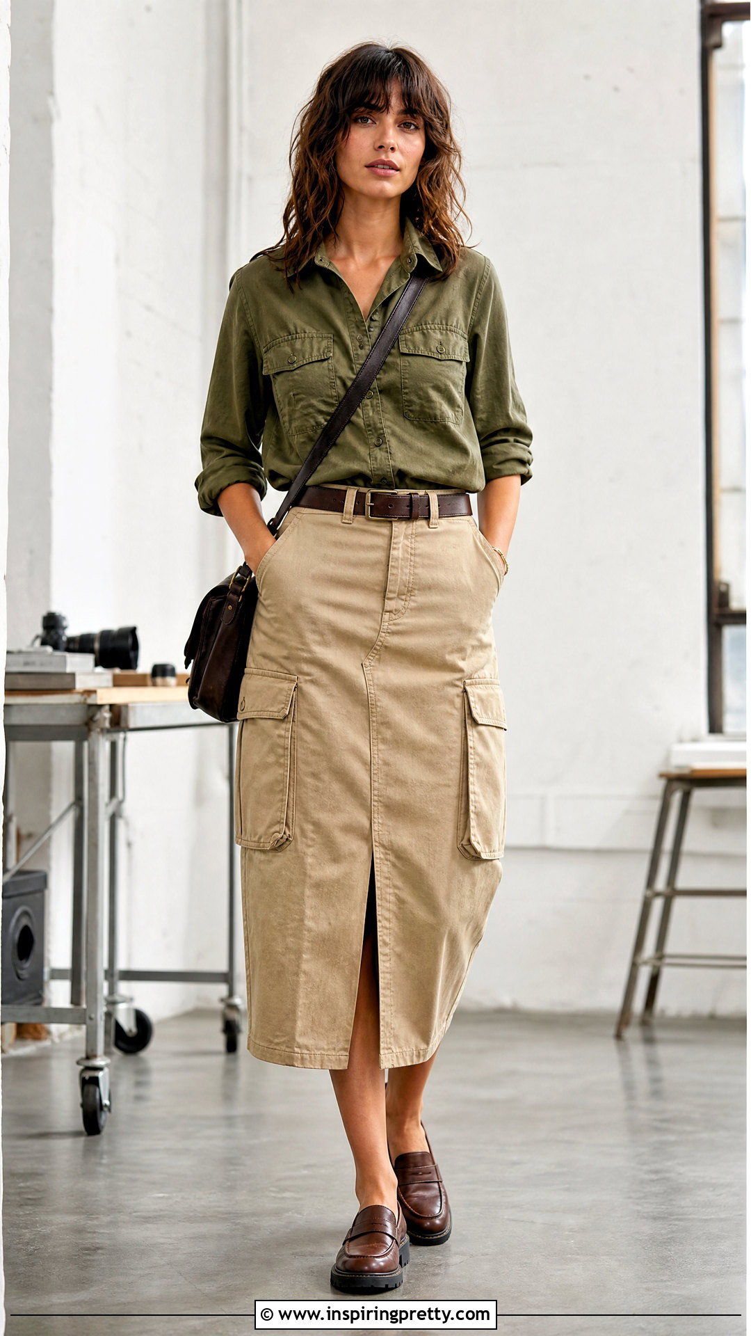 Utility Shirt With Cargo Skirt Outfit - 50 aesthetic tops outfit ideas