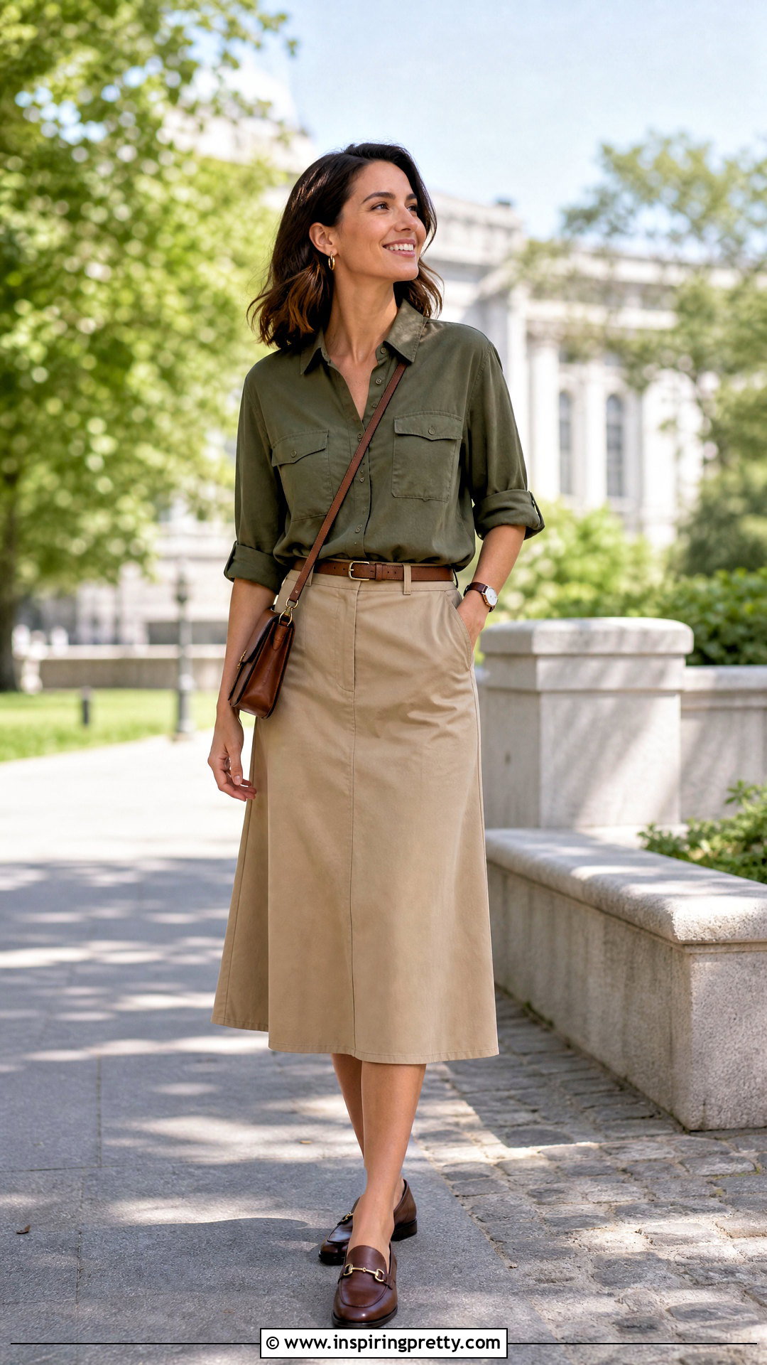 Utility Shirt With Khaki Skirt - 50 cute top outfit ideas
