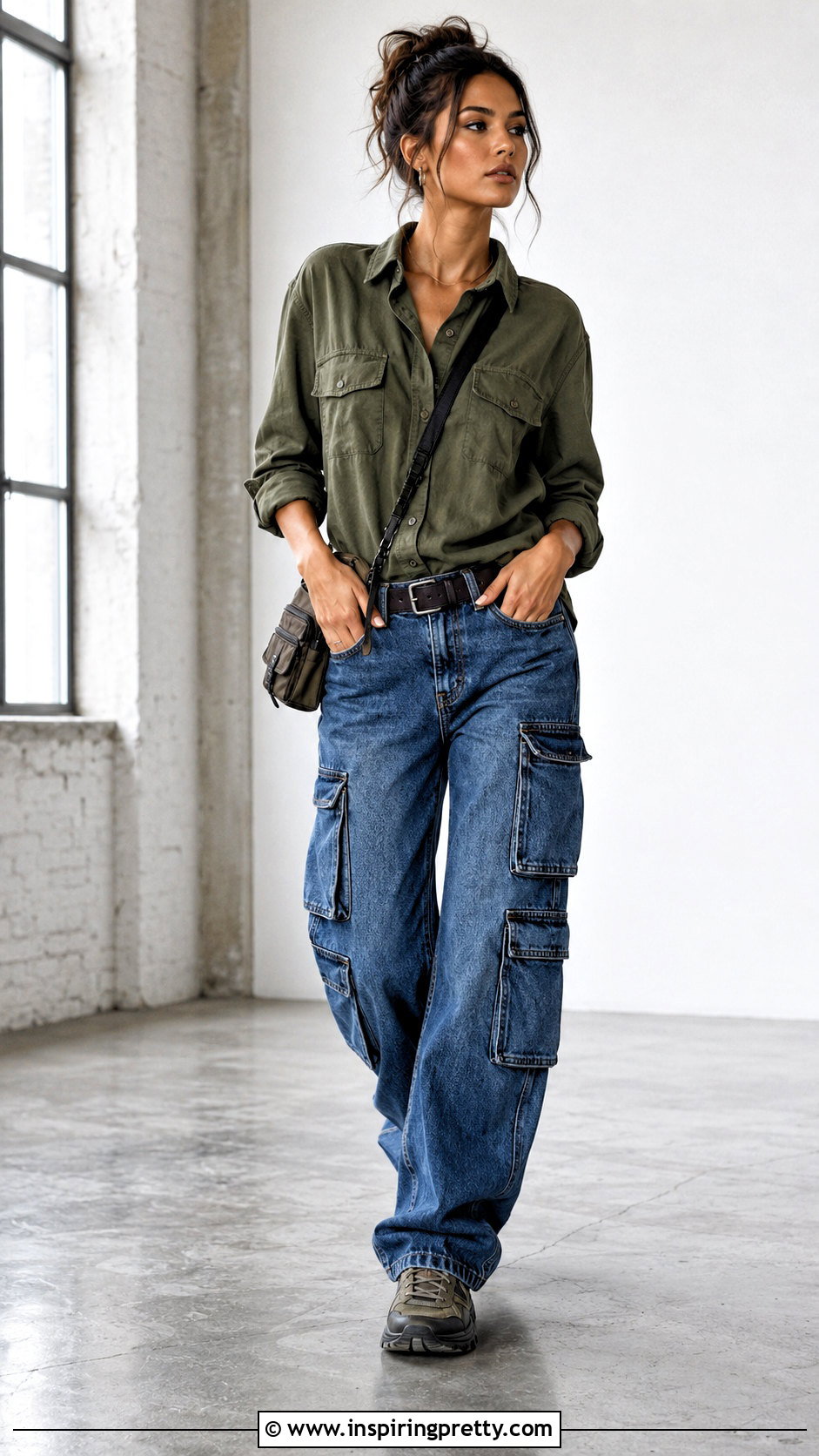 Utility Top And Cargo Jeans Hands On Belt Pose - 50 jeans top photoshoot poses