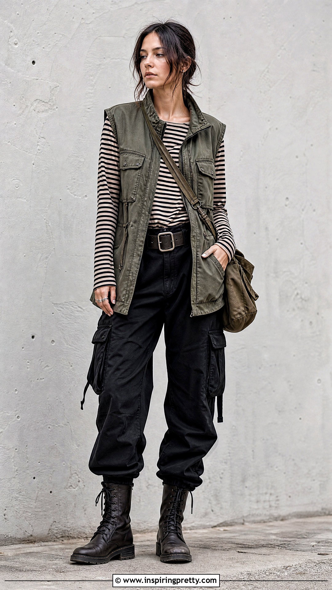 Utility Vest Over Striped Tee Grunge Outfit - 20 Layered Tops Outfits Grunge Ideas