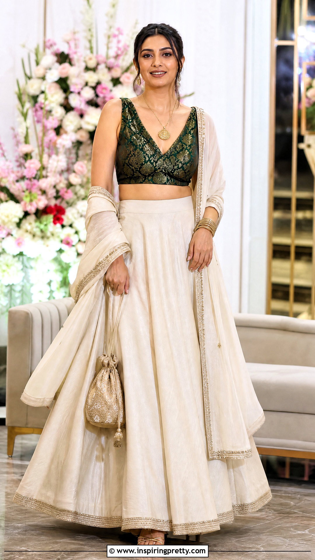 V Neck Brocade Top With Plain Lehenga - 50 brocade top designs
