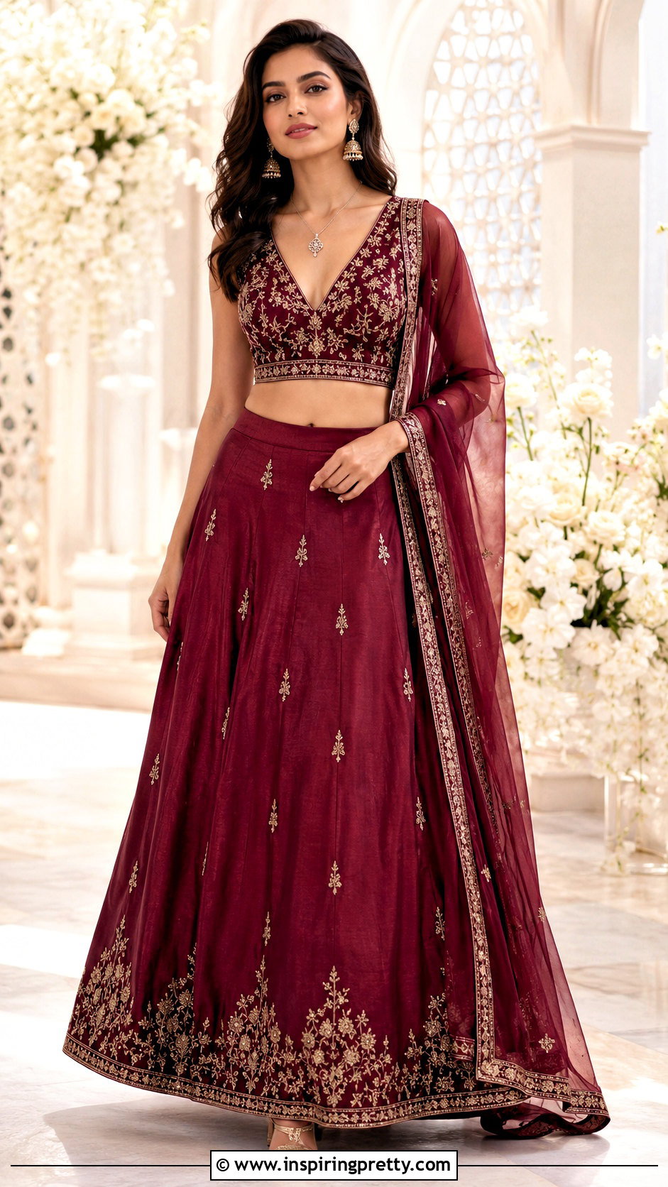 V Neck Crop Top With A Line Lehenga - 50 traditional crop top designs