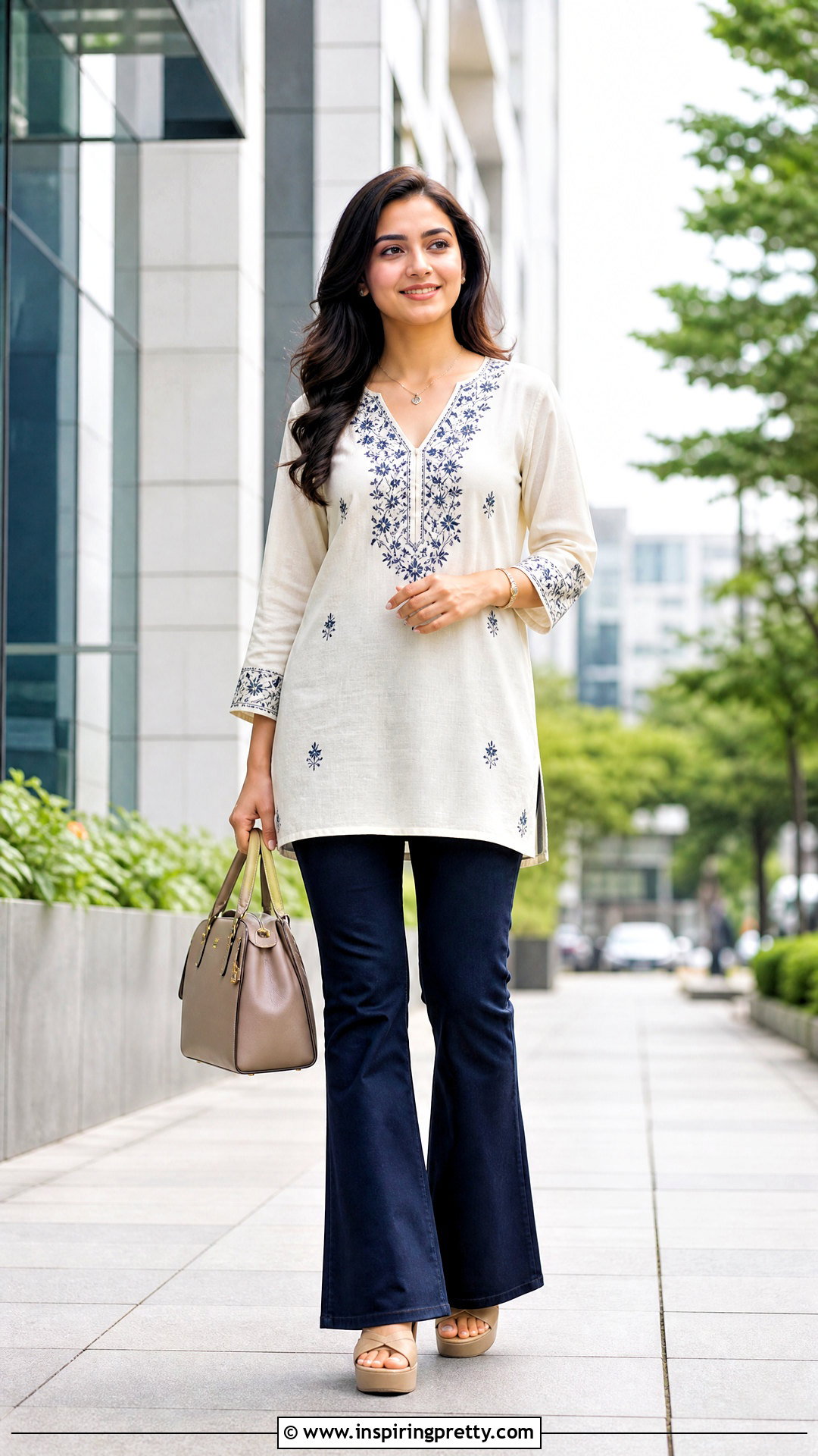 V Neck Kurti With Bootcut Jeans - 50 jeans tops indian style for women