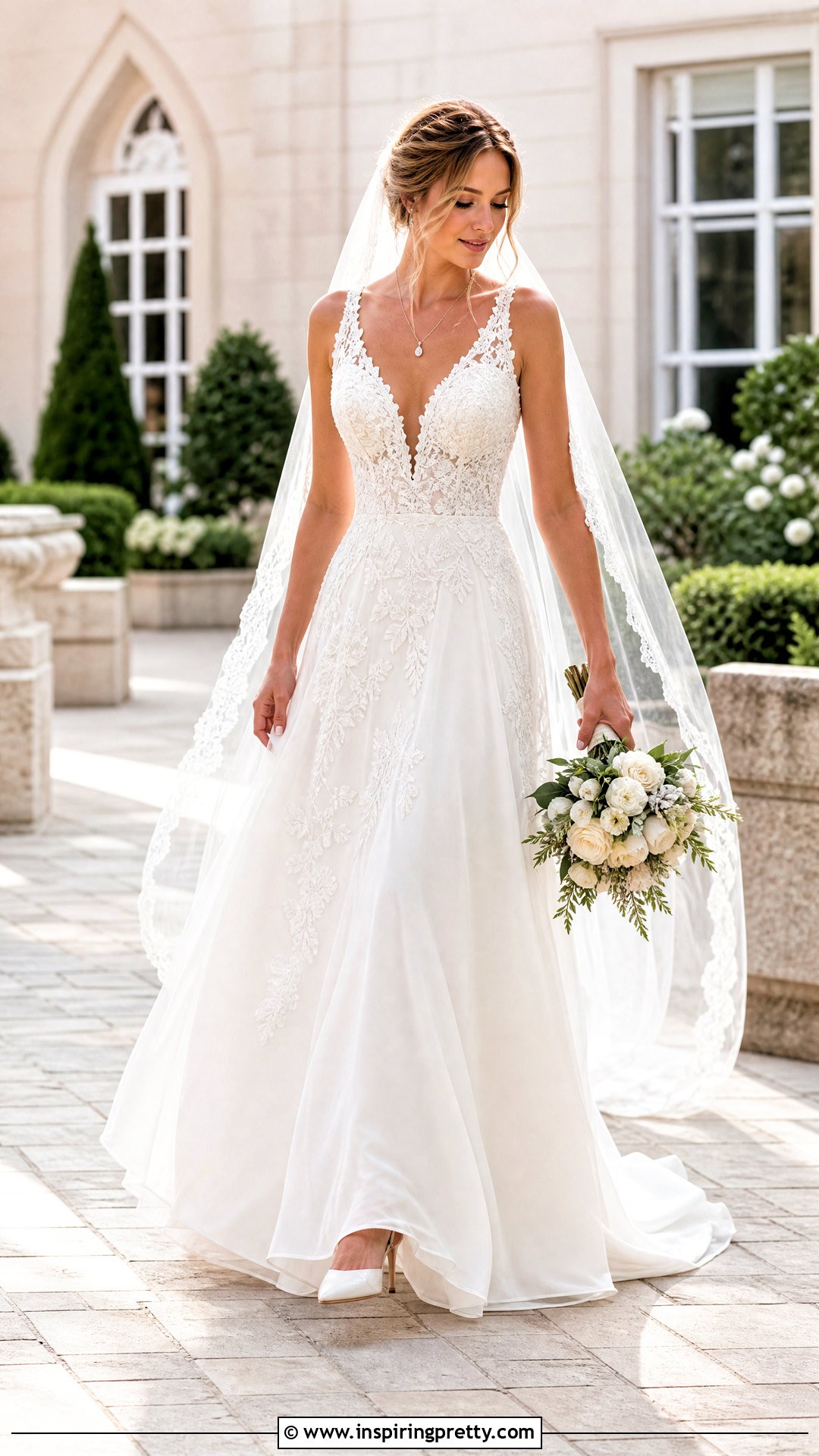 V Neck Lace Top A Line Wedding Dress - 25 lace top flowy bottom wedding dress outfit ideas