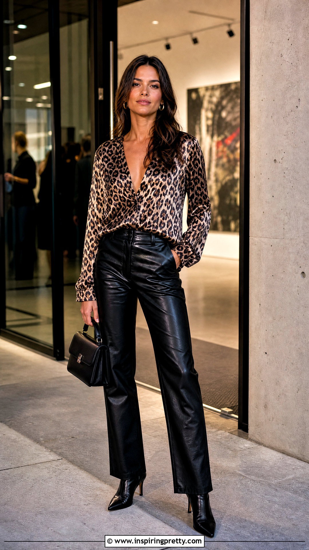 V Neck Leopard Print Top With Faux Leather Pants - 20 v neck leopard print top outfit ideas