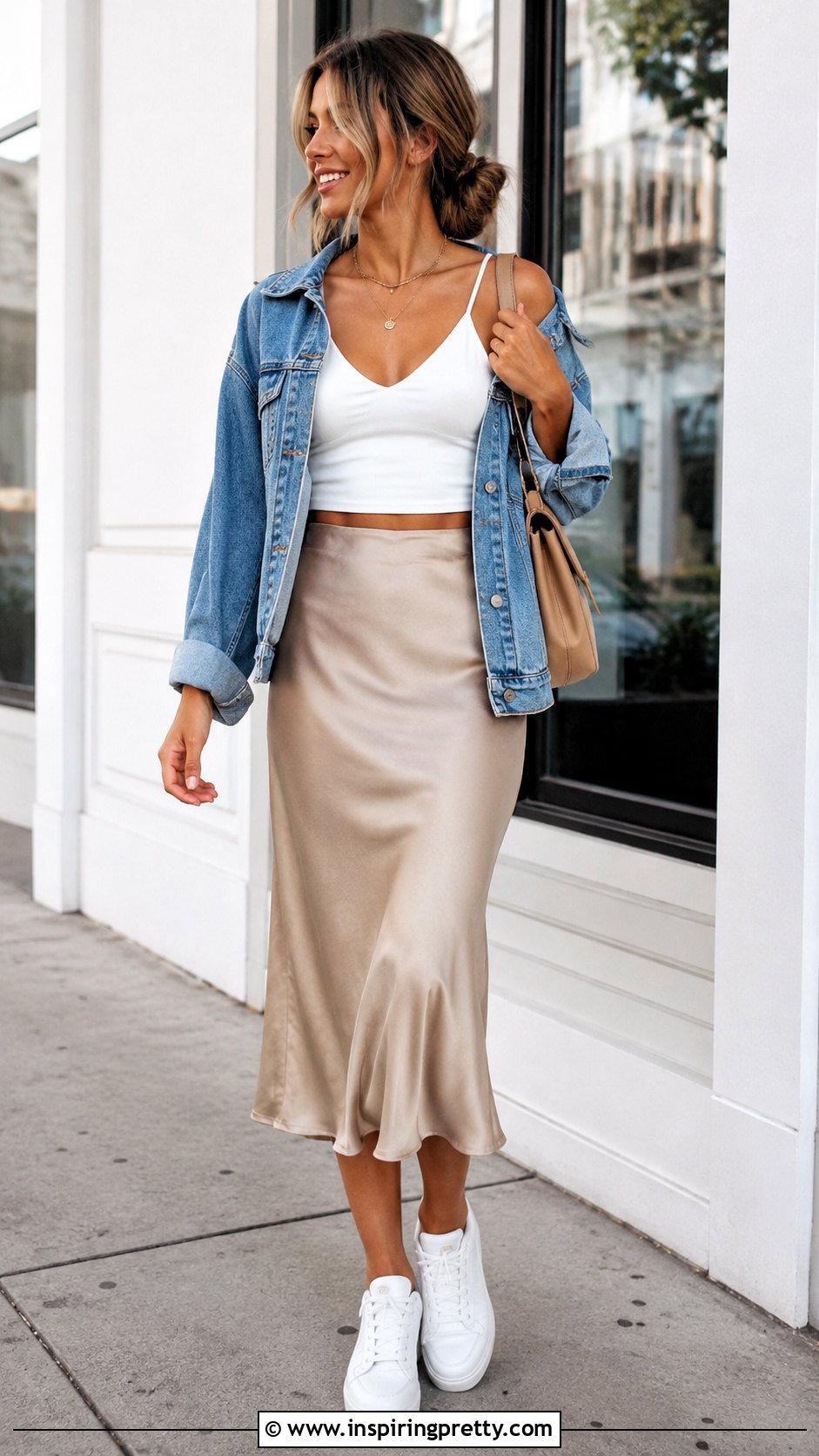 V Neck Spaghetti Strap Crop Top With Denim Jacket And Slip Skirt - 20 V Neck Spaghetti Strap Crop Top outfit ideas