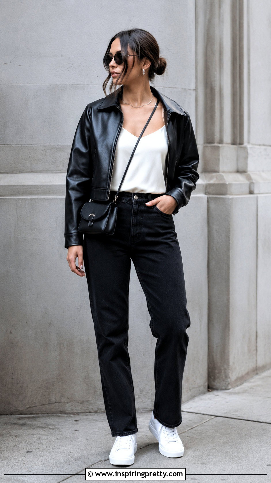 V Neck Spaghetti Strap Tank Top With Leather Jacket - 20 v neck spaghetti strap tank top outfit ideas