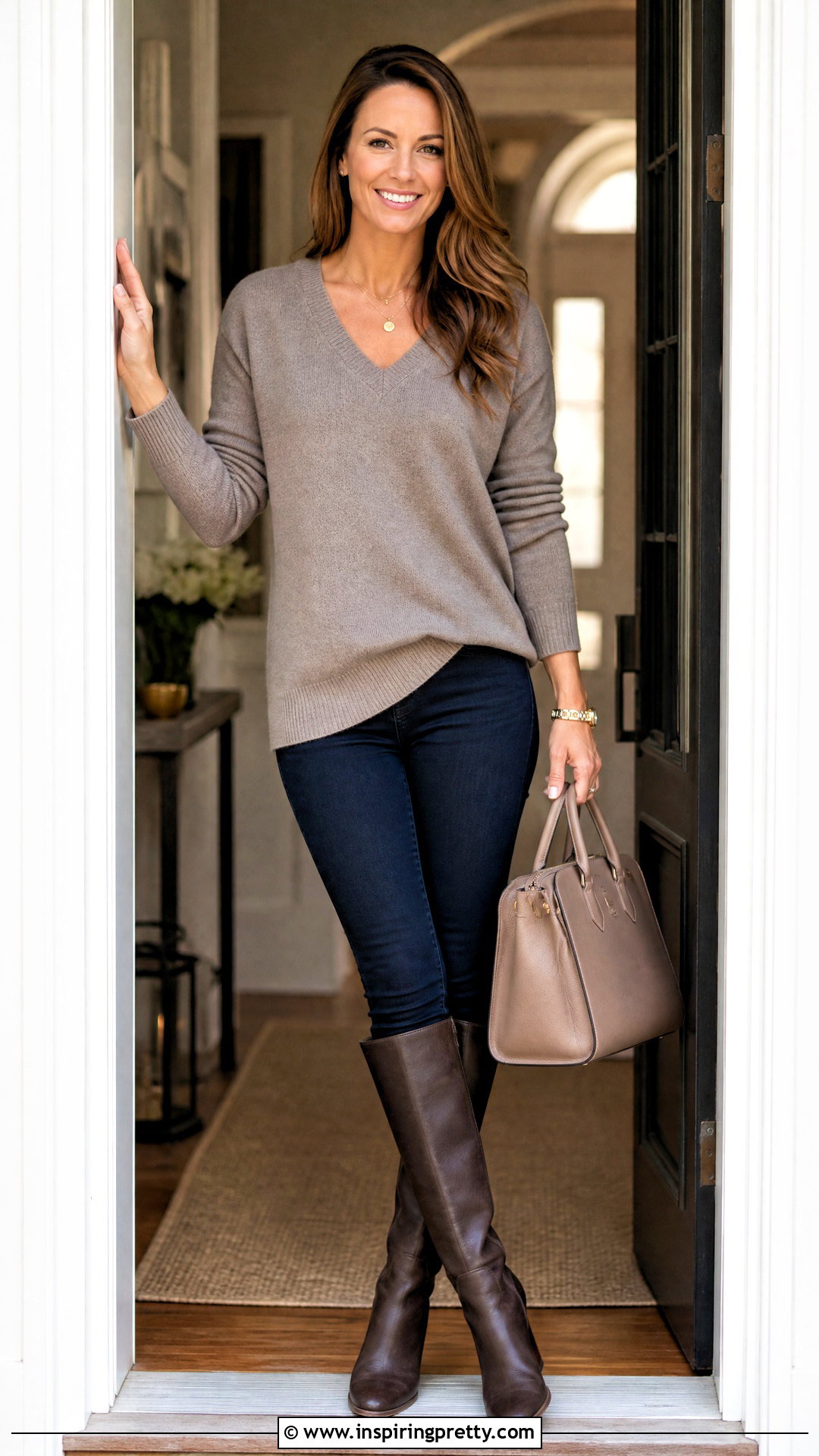 V Neck Sweater And Skinny Jeans Doorway Pose - 50 Poses In Jeans Top Aesthetic Ideas