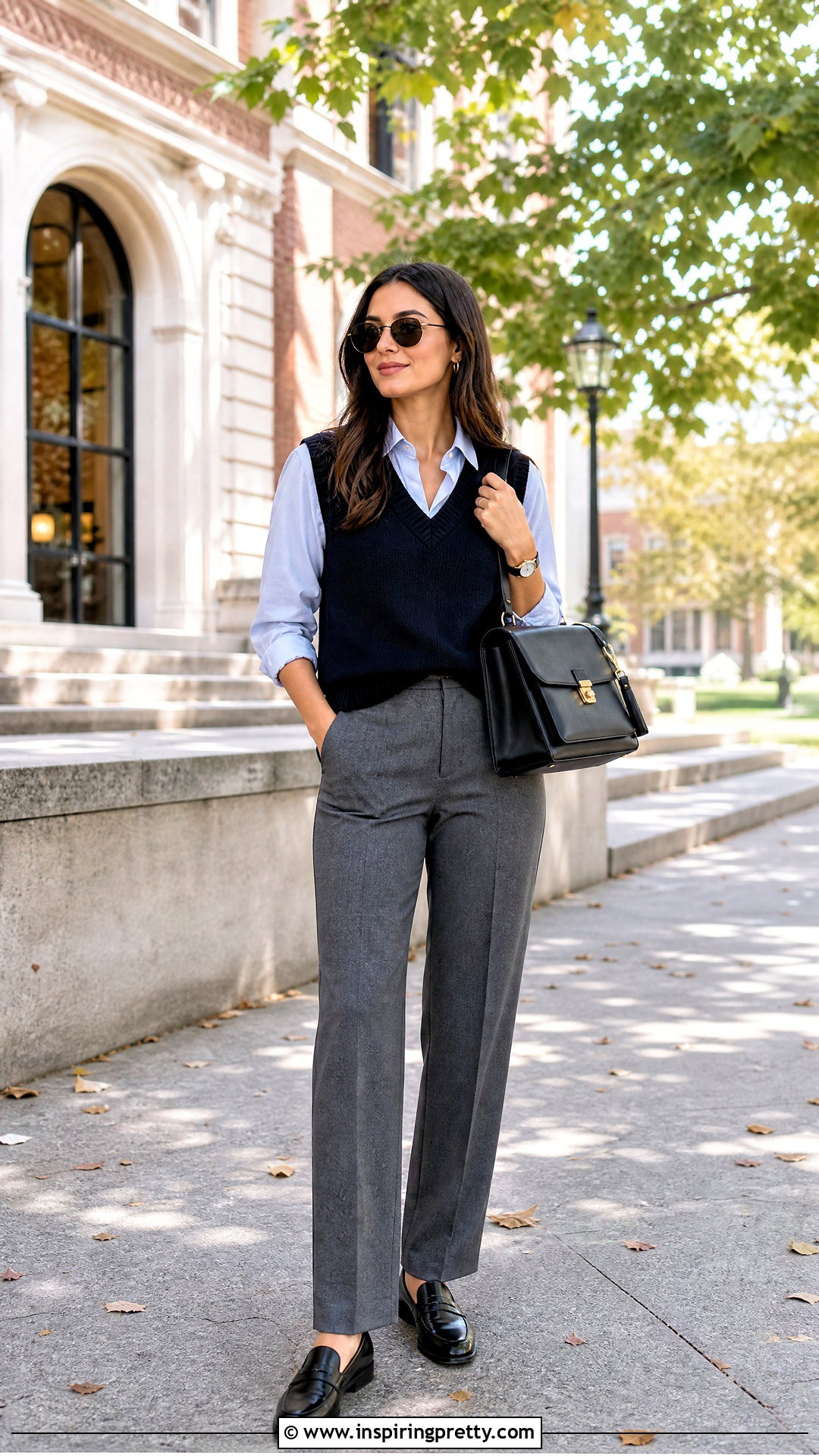 V Neck Sweater Vest With Button Down Shirt - 20 v-neck top fashion outfit ideas