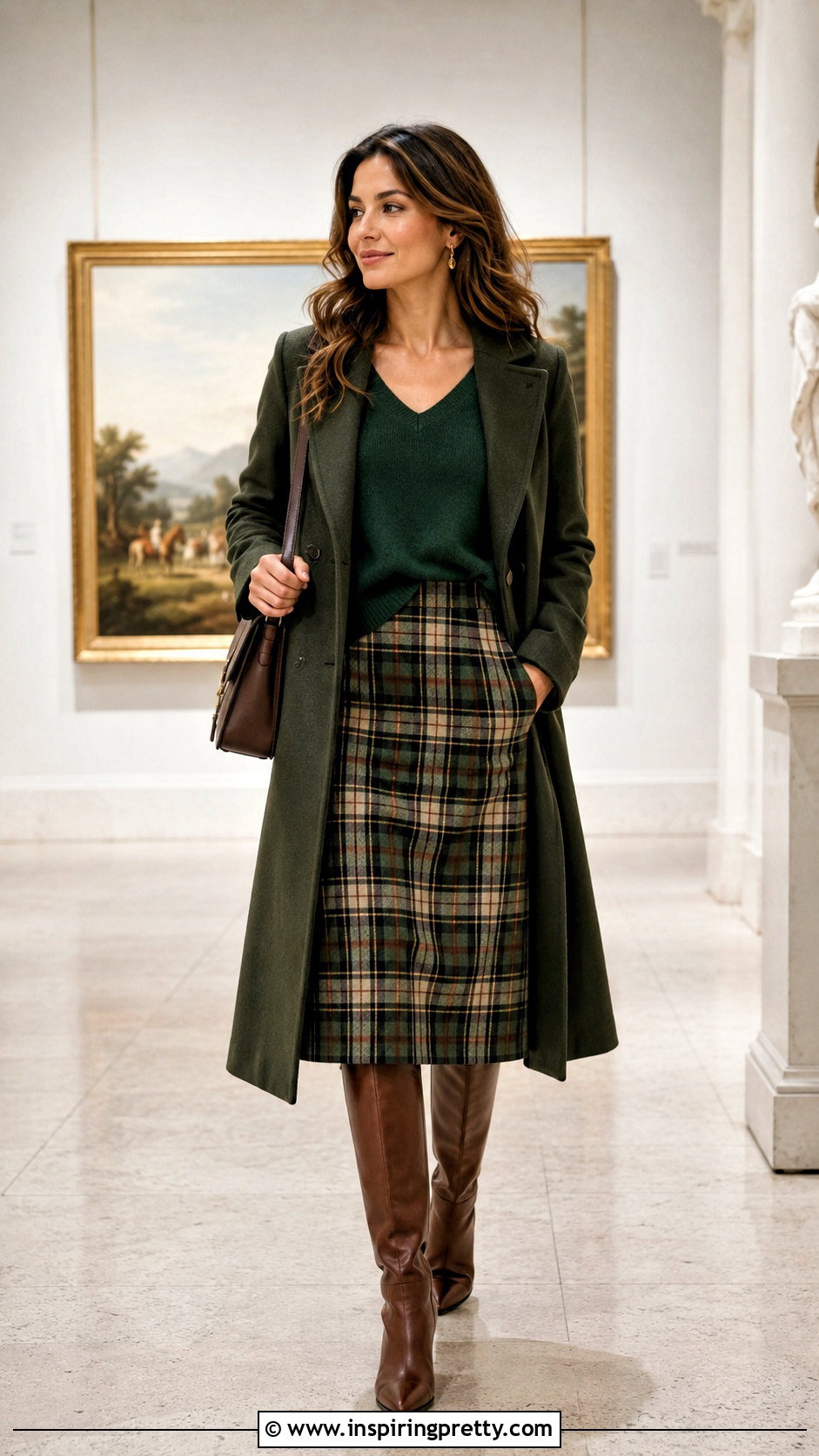 V Neck Sweater With Plaid Midi Skirt - 50 tops for skirts ideas