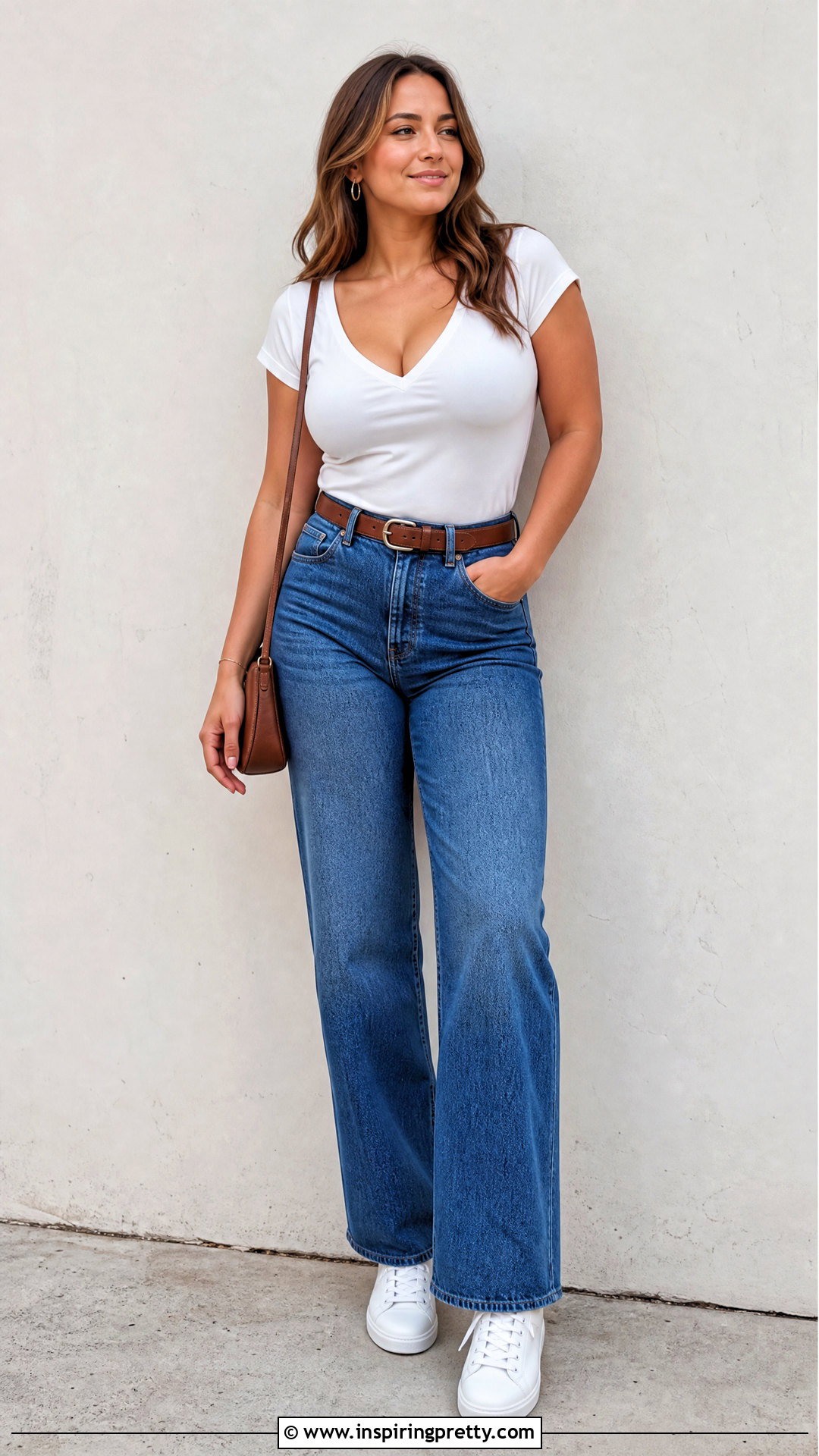 V Neck Top With Straight Leg Jeans - 50 busty women tops outfit ideas