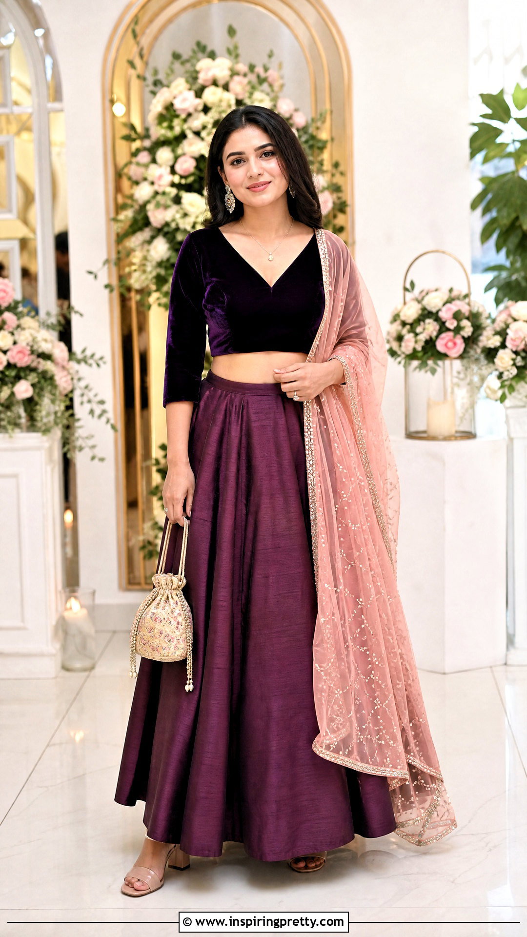 V Neck Velvet Crop Top With A Line Lehenga - 50 velvet crop top designs for lehengas