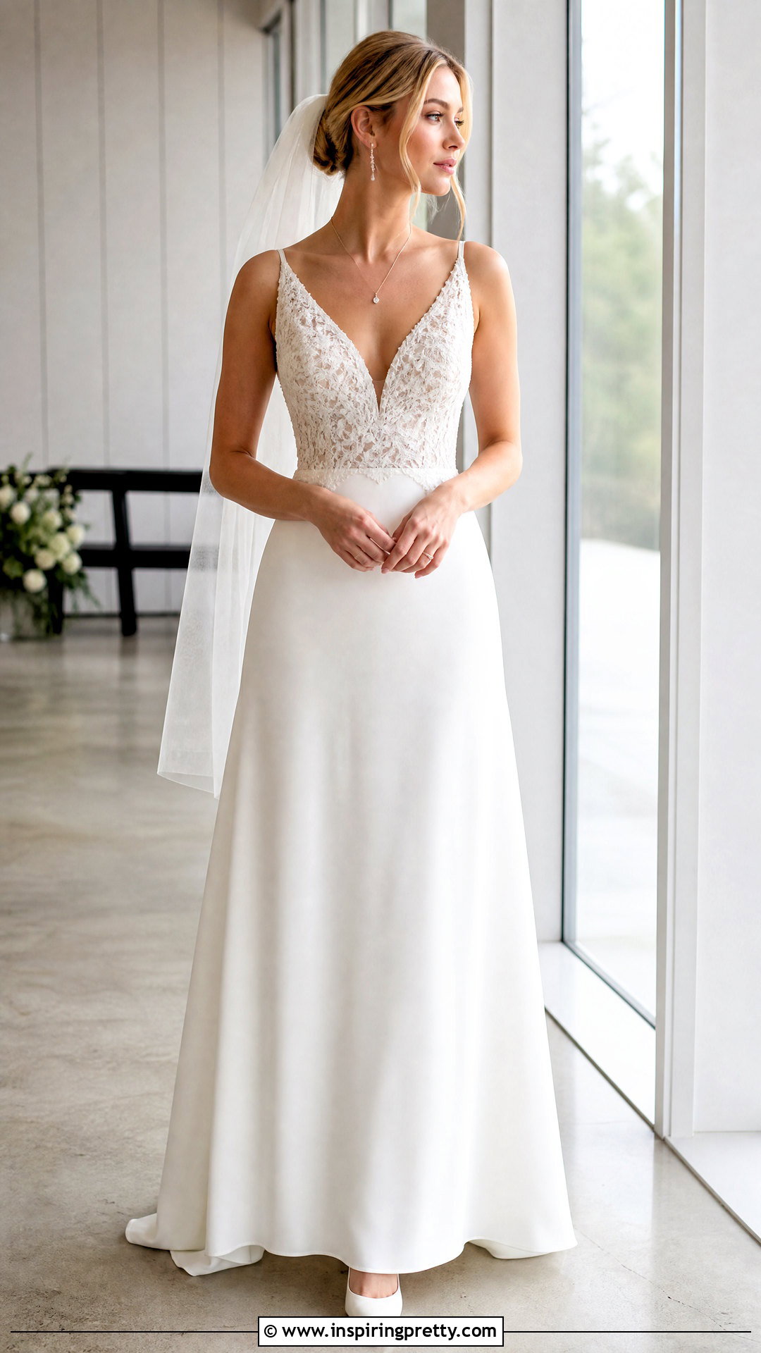 V Neck Wedding Dress With Lace Bodice And Plain Skirt - 25 Wedding Dresses Lace Top Plain Skirts