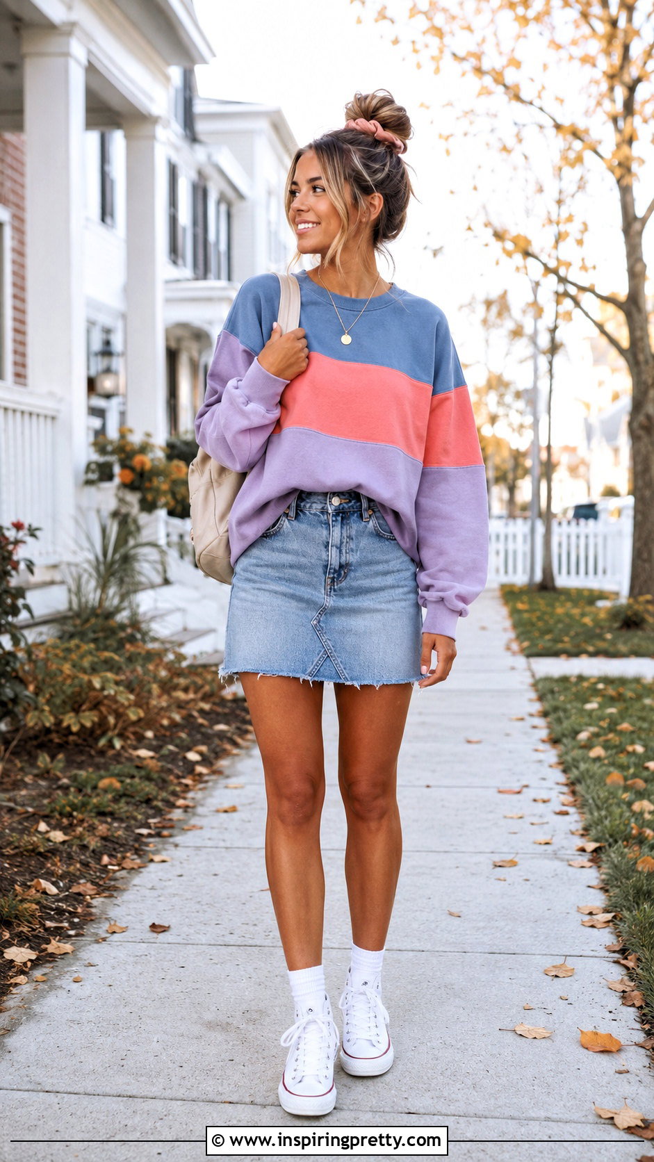 VSCO Color Block Sweatshirt And Denim Skirt Outfit - 20 vsco tops outfit ideas