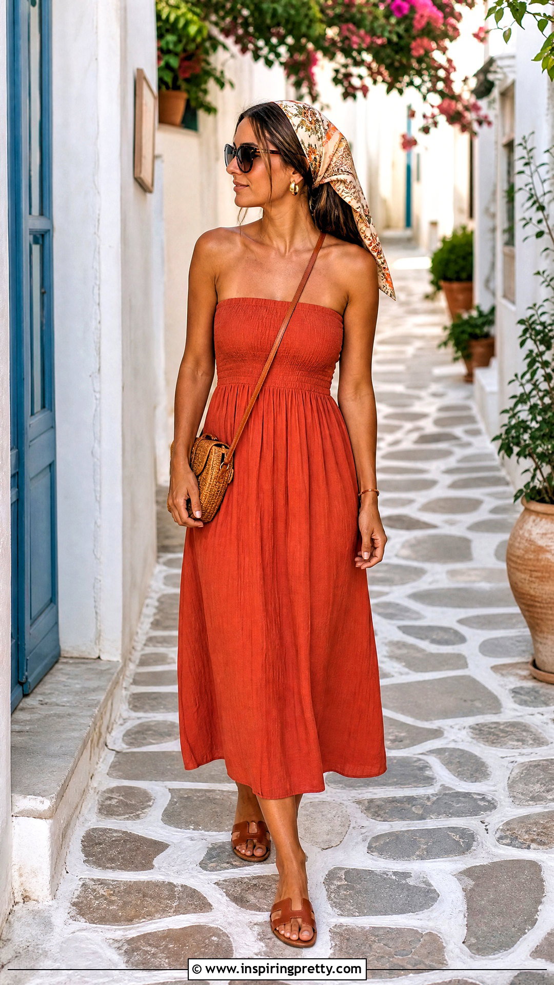 Vacation Tube Dress With Printed Scarf - 50 tube top dress outfit ideas