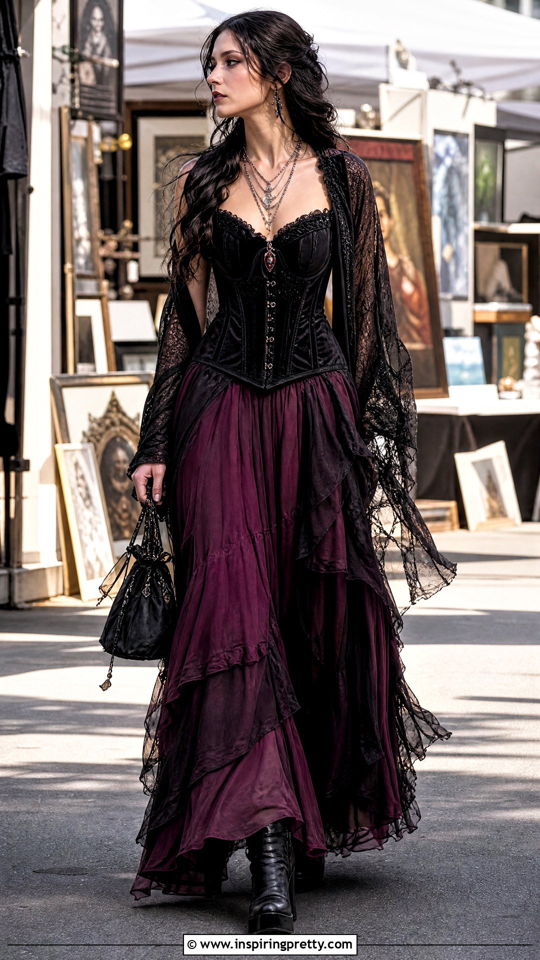 Vampire Corset Top With Tiered Maxi Skirt - 25 Vampire Corset Top outfit ideas