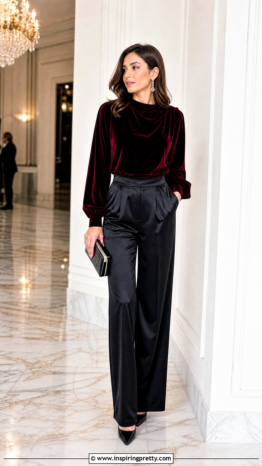 Velvet Blouse With Satin Trousers - 50 classy tops outfit ideas