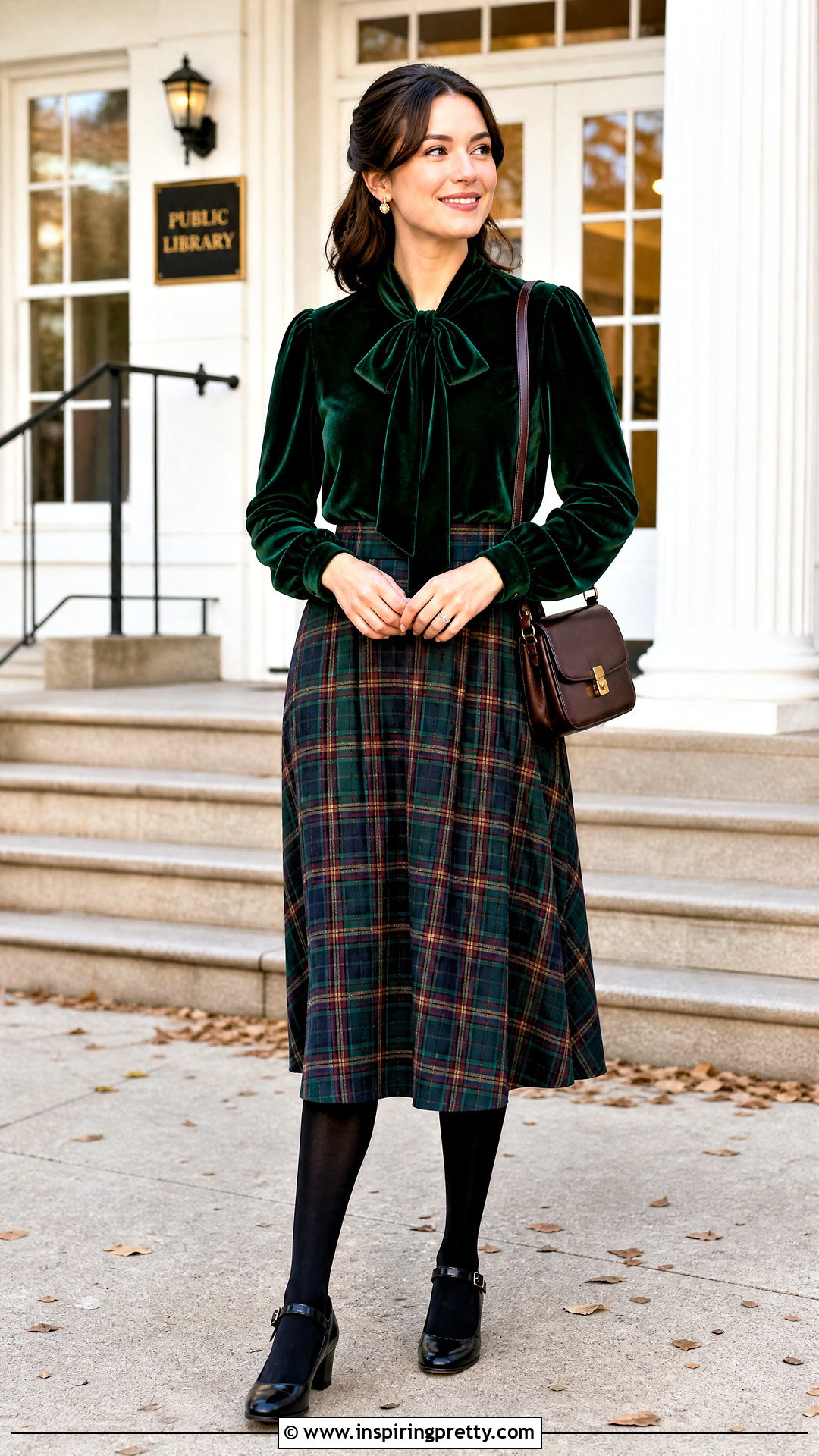 Velvet Bow Top With Plaid Skirt - 50 whimsical tops outfit ideas