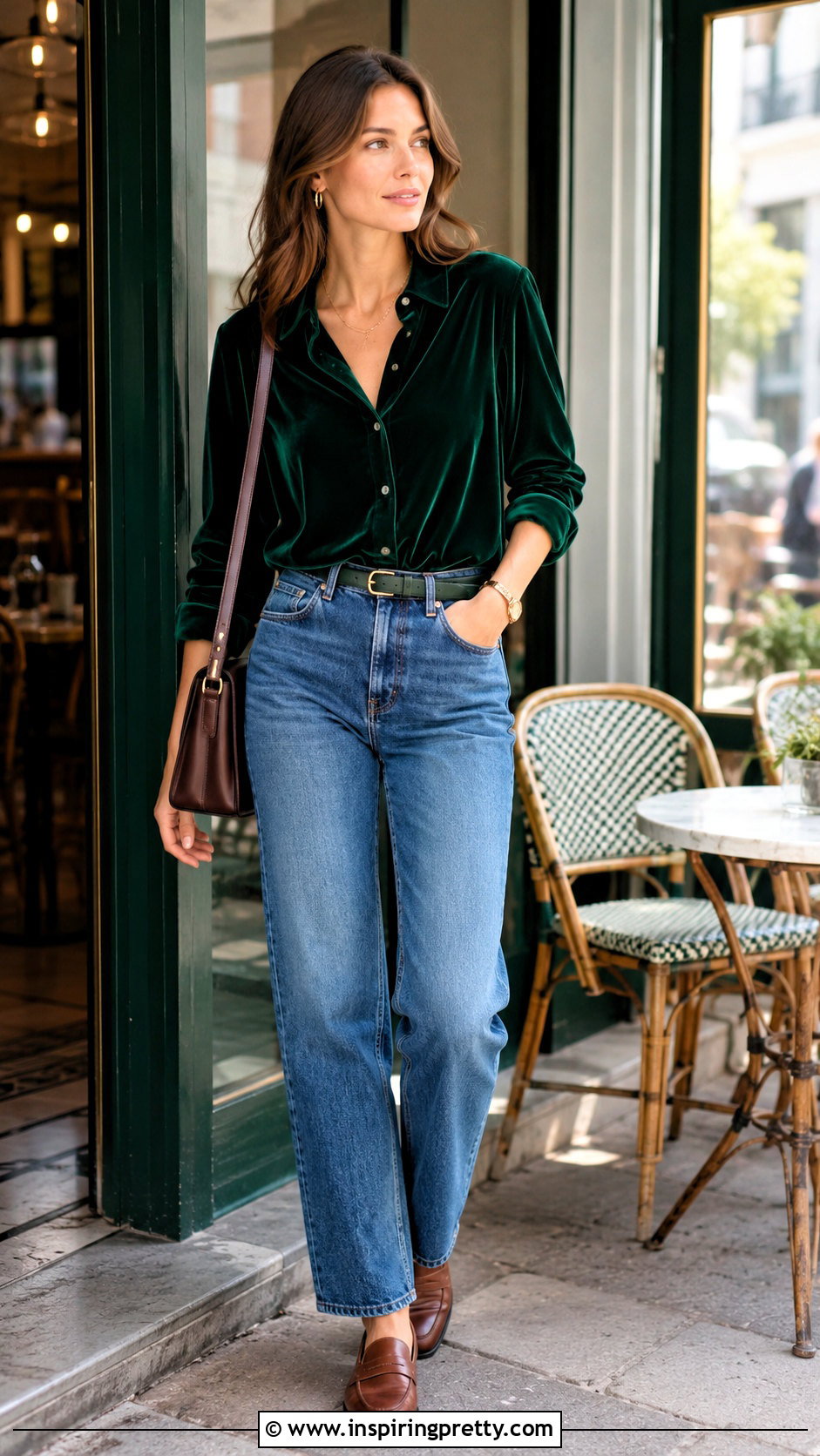 Velvet Button Down Shirt With Jeans And Loafers - 50 velvet tops outfit ideas