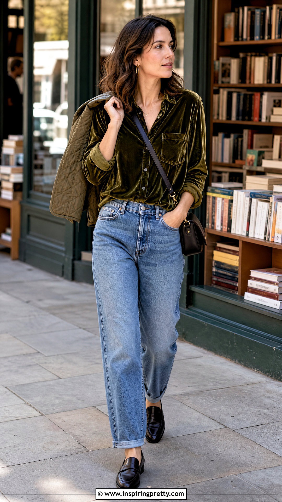 Velvet Button Up Top With Relaxed Jeans - 20 velvet top autumn fashion ideas