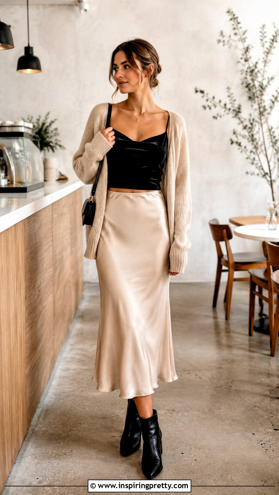 Velvet Cami Crop Top With Cardigan And Slip Skirt - 20 velvet crop top fall fashion ideas