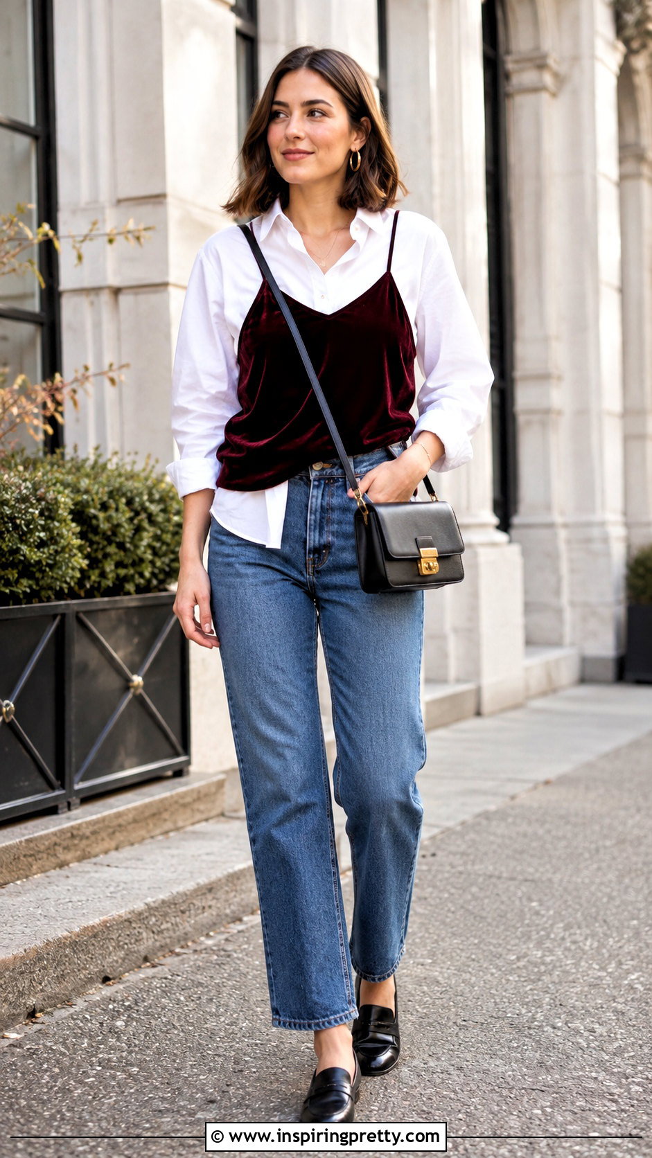 Velvet Camisole Over White Shirt With Jeans - 50 velvet tops outfit ideas