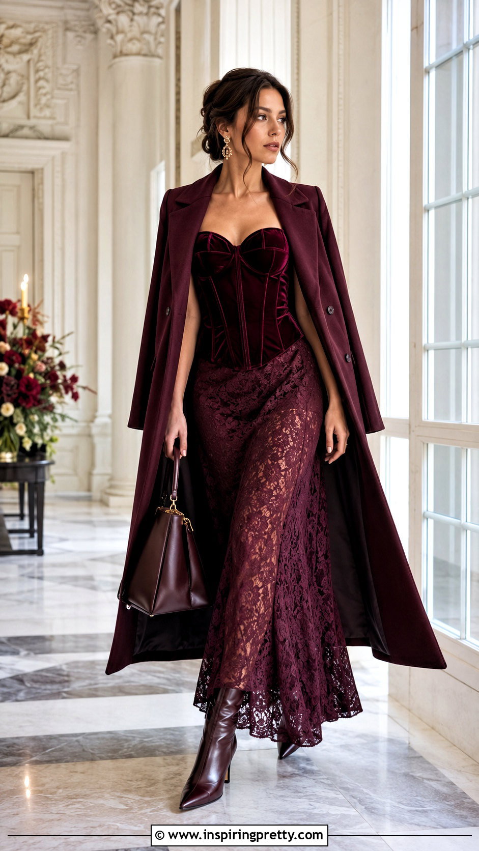 Velvet Corset Top With Lace Maxi Skirt - 50 corset top dress outfit ideas