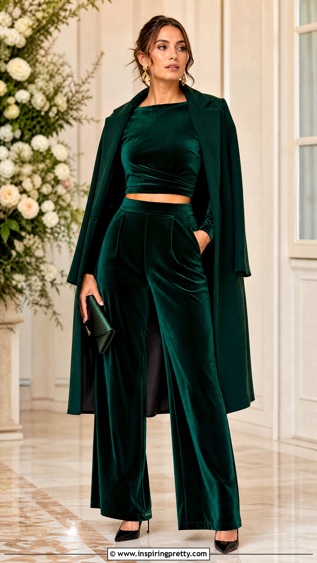 Velvet Crop Top And Wide Leg Pants Wedding Outfit - 25 crop top pants wedding ideas