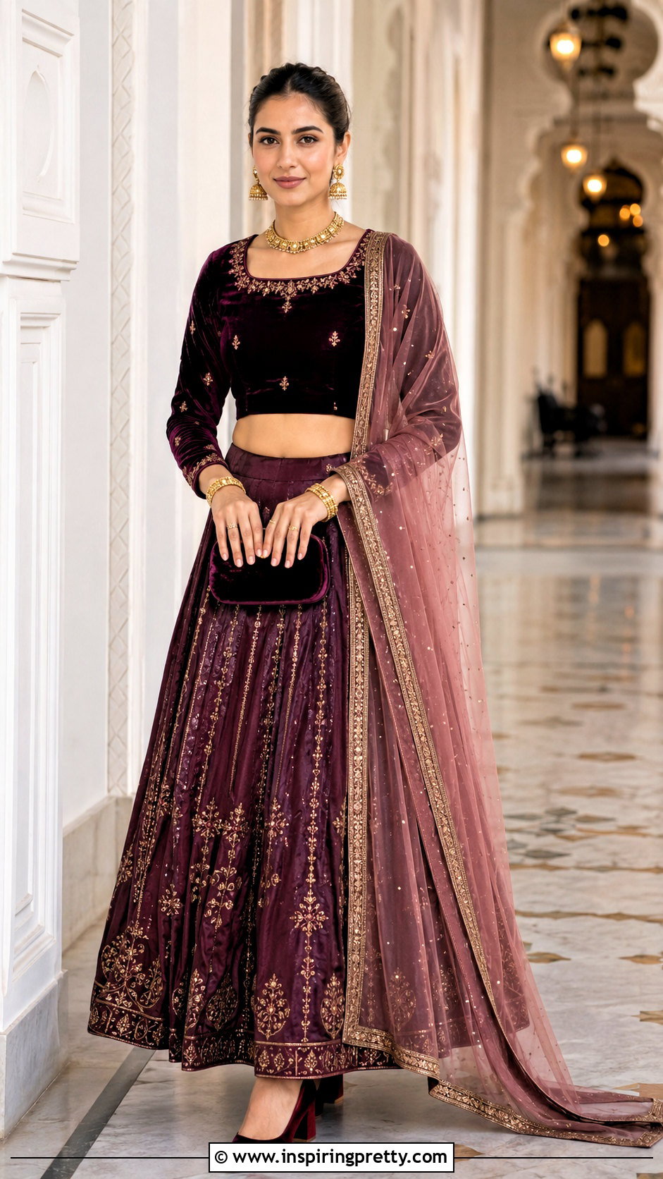 Velvet Crop Top Lehenga - 50 Crop Top Designs For Lehenga Ideas