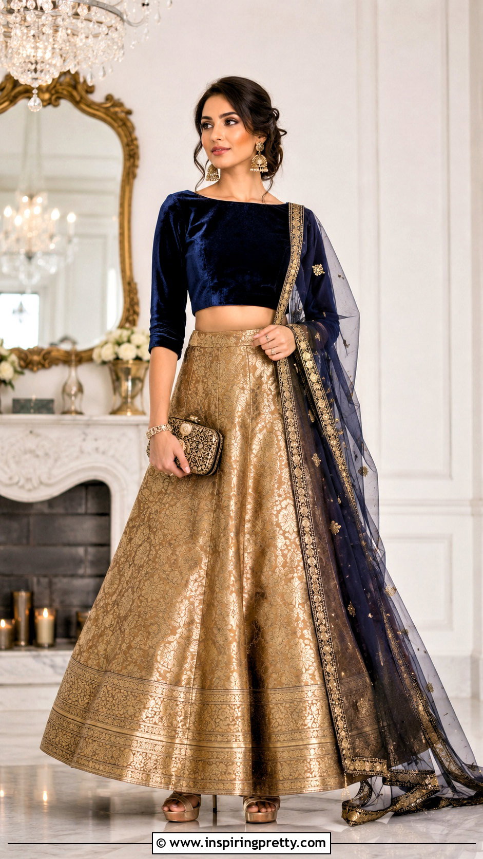 Velvet Crop Top With Banarasi Lehenga - 50 traditional crop top designs