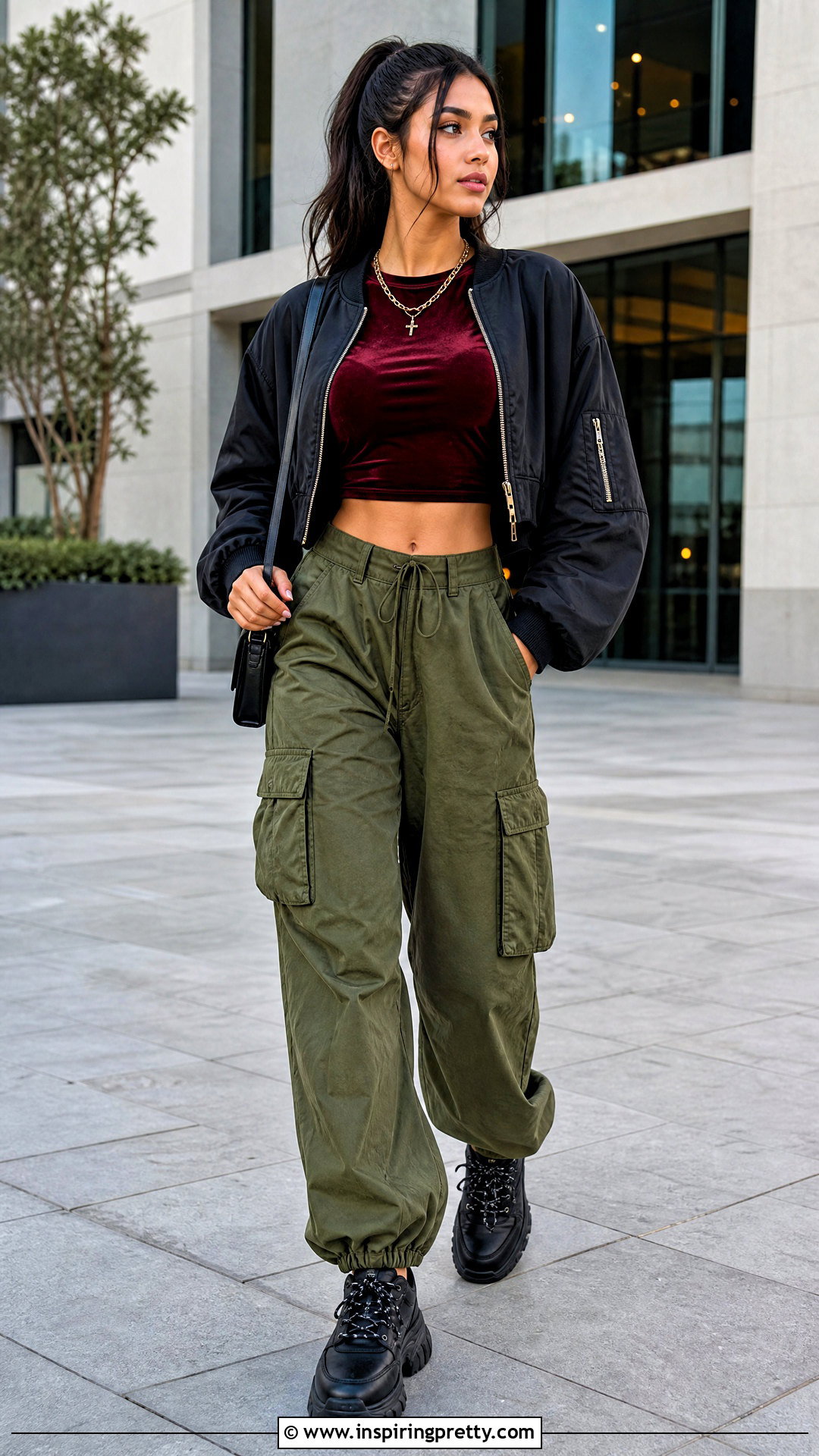 Velvet Crop Top With Cargo Pants - 20 velvet crop top outfit ideas