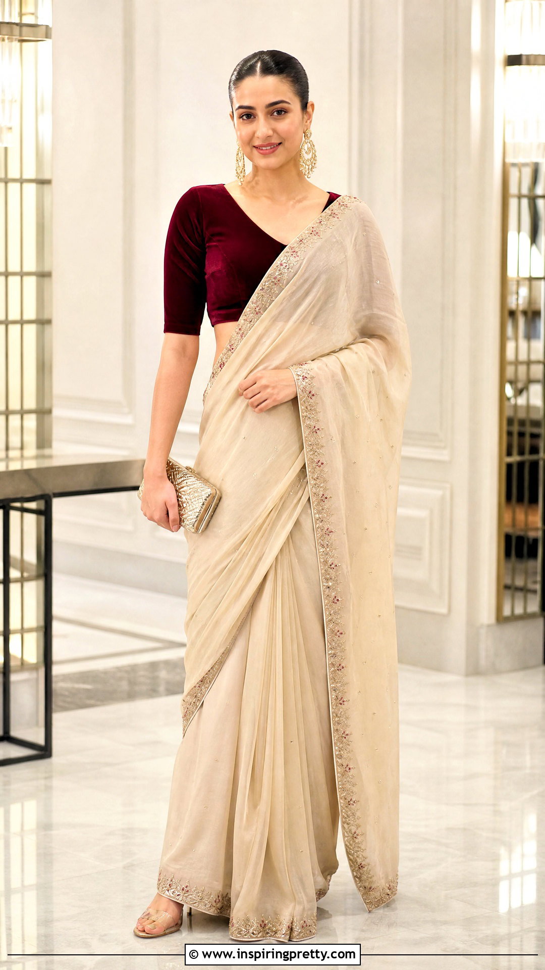 Velvet Crop Top With Embroidered Saree - 50 saree with crop top outfit ideas