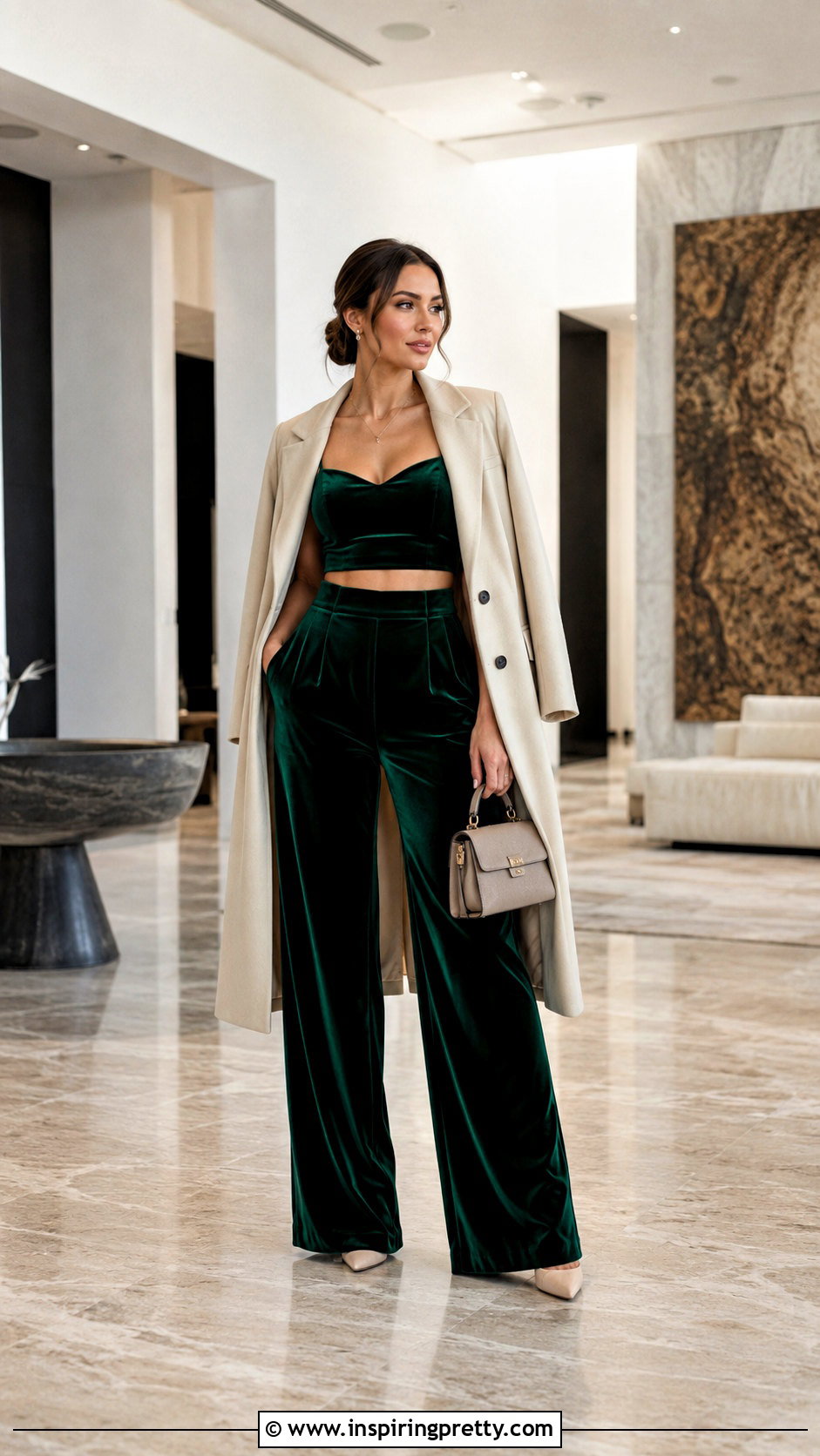 Velvet Crop Top With Matching Wide Leg Pants - 20 velvet crop top fall fashion ideas