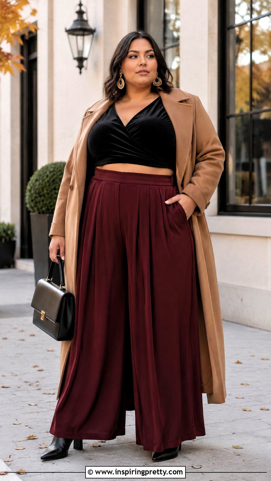 Velvet Crop Top With Palazzo Pants And Long Coat - 20 velvet crop top fall fashion ideas
