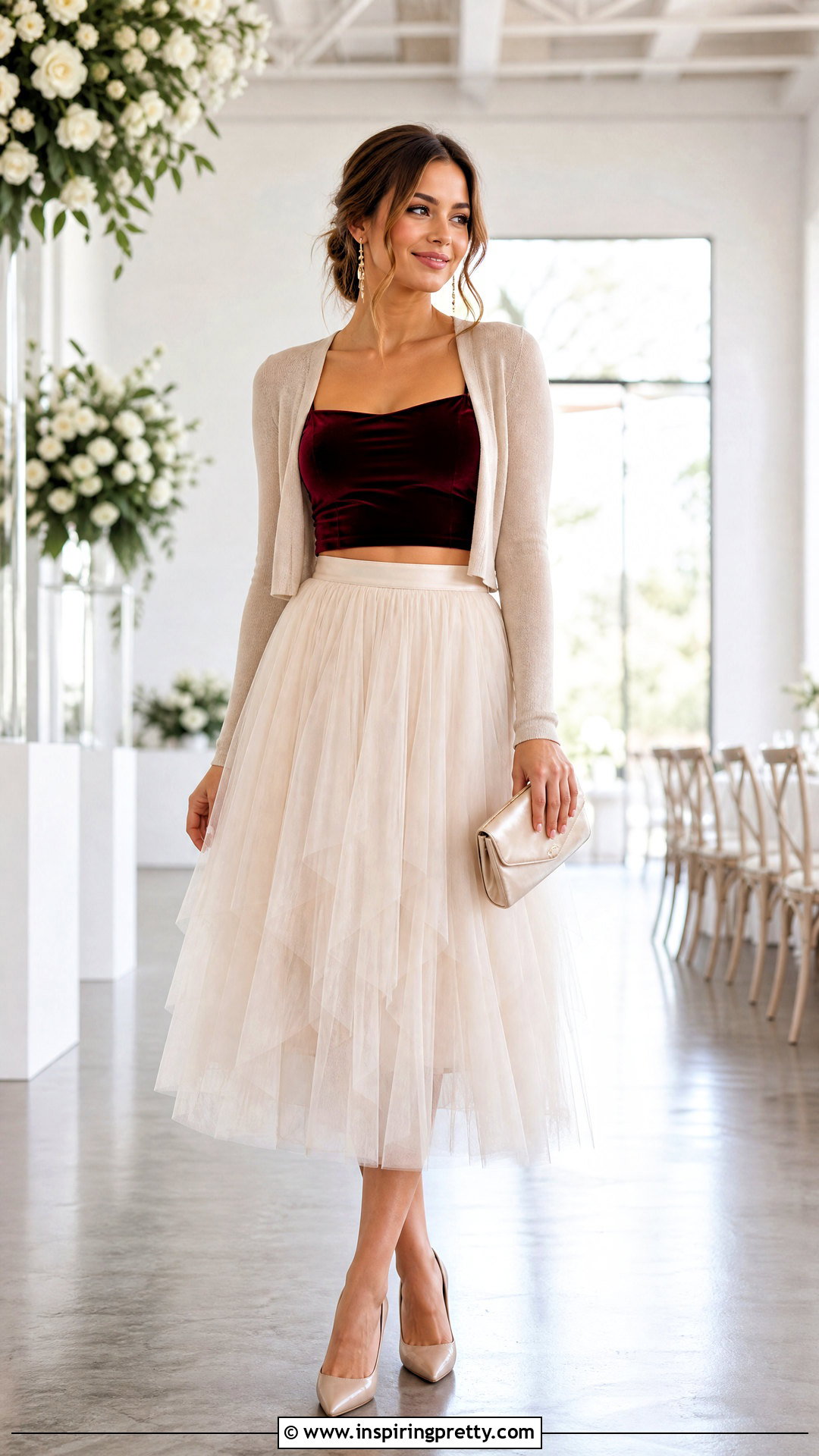 Velvet Crop Top With Tulle Midi Skirt - 20 velvet crop top outfit ideas