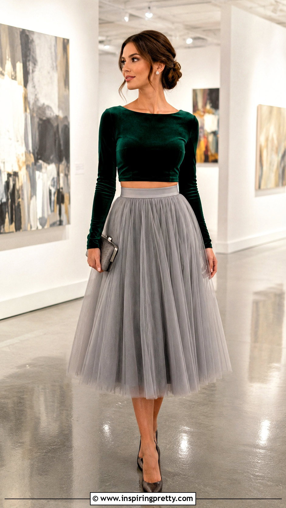Velvet Crop Top With Tulle Midi Skirt - 20 velvet crop top fashion ideas