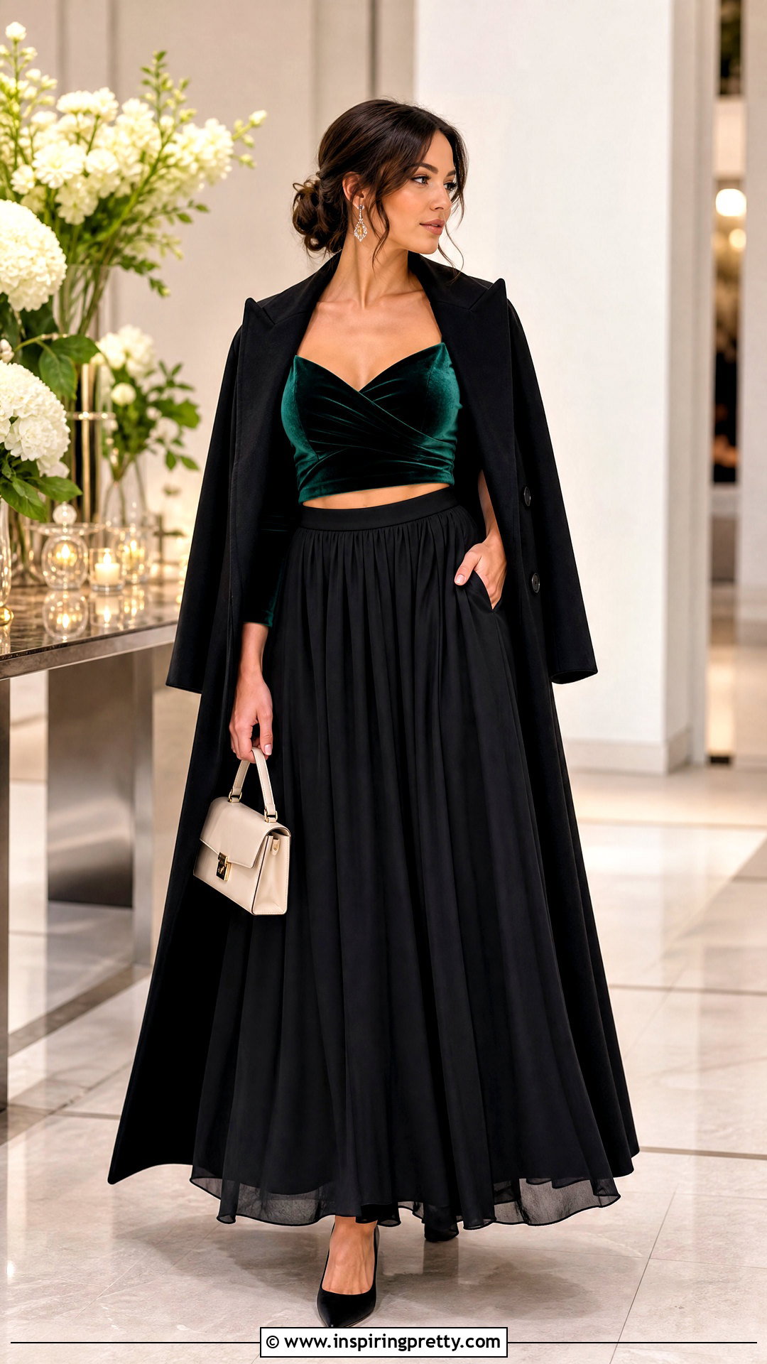 Velvet Crop Top With a Maxi Skirt - 50 crop tops for women outfit ideas