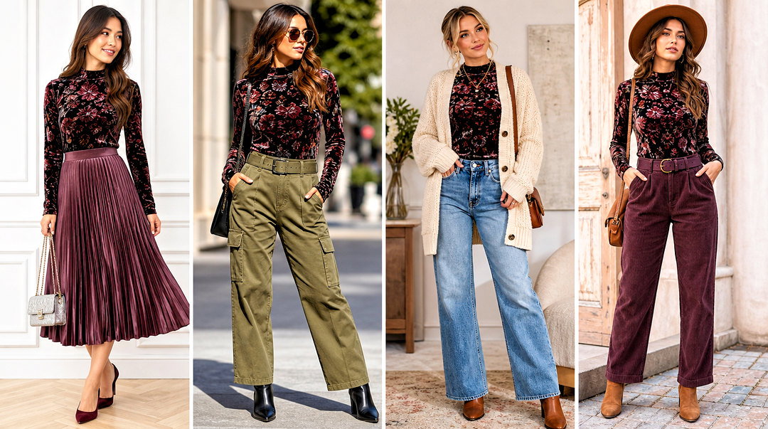 25 Velvet Floral Top Outfit Ideas for Romantic Fall Style
