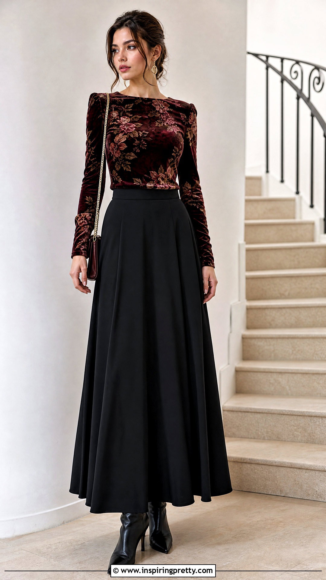 Velvet Floral Top With A Line Maxi Skirt - 25 velvet floral top outfit ideas