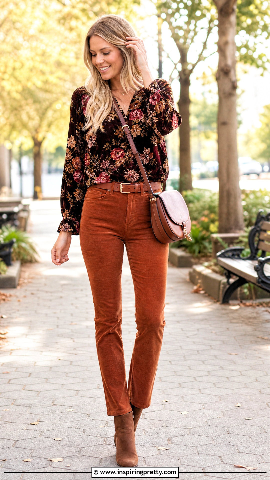 Velvet Floral Top With Corduroy Pants - 25 velvet floral top outfit ideas