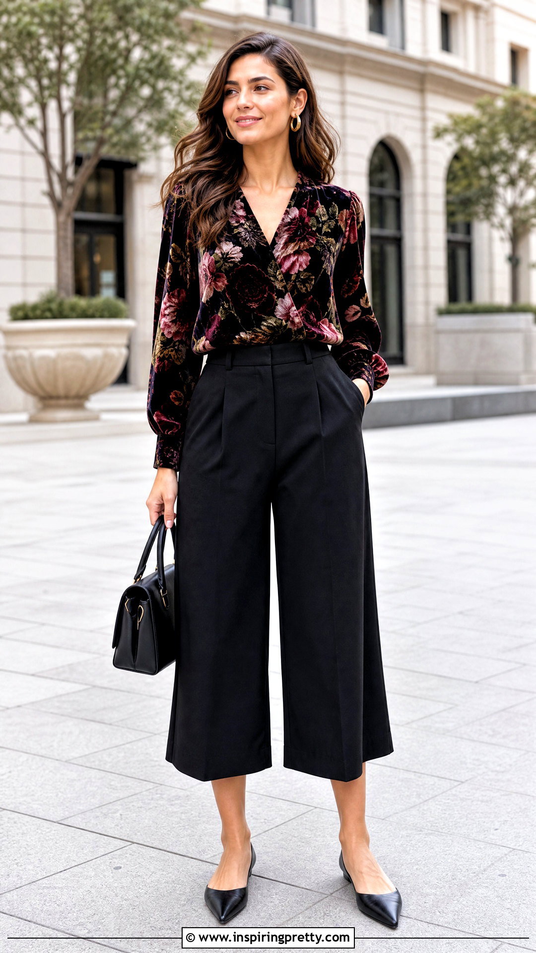 Velvet Floral Top With Culottes - 25 velvet floral top outfit ideas